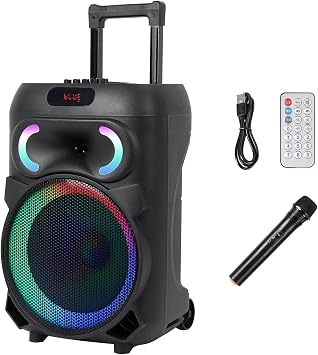 12" Portable Bluetooth Outdoor Party Speaker Wireless PA System Compatible 5.0 Karaoke Speaker, Battery Powered Sound Stereo Speaker with Microphone,Handle Rod,Wheels,DJ Light,for Adults,Kids Black