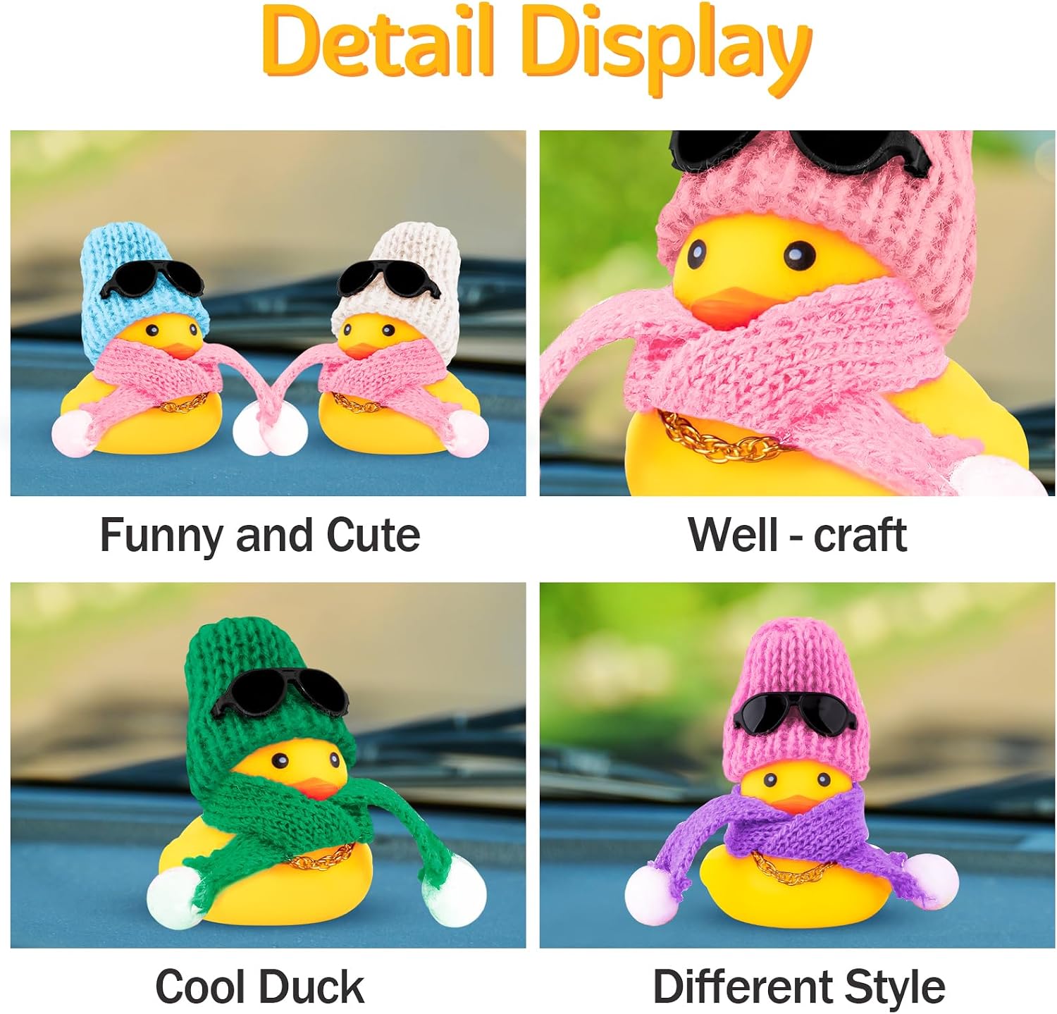 wonuu Car Dashboard Decoration Scarf Rubber Duck, Yellow Ducks Ornaments with Mini Hat Necklace Sunglasses Scarf (Pink Pink)