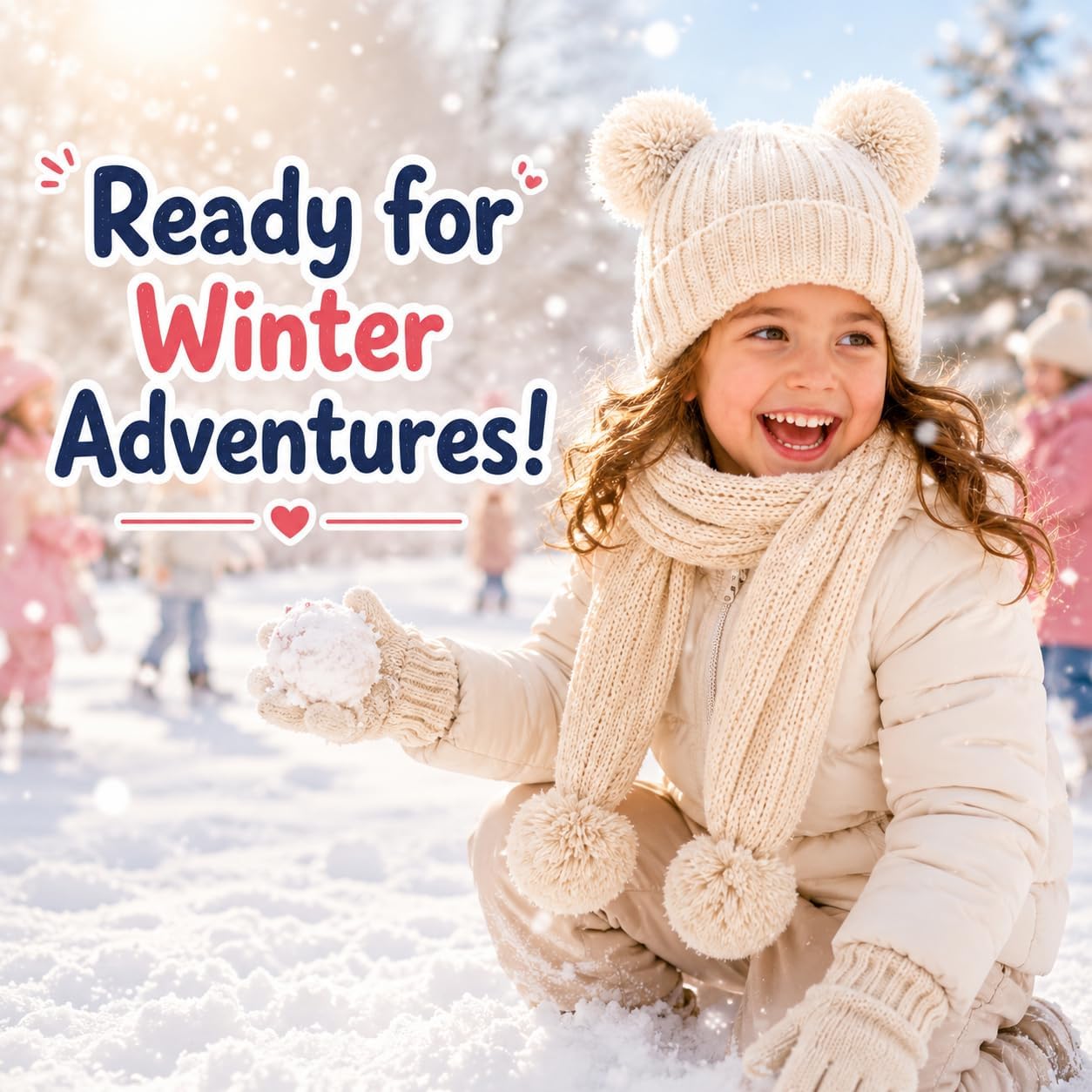 Kids Winter Hat Gloves Scarf Set, Double Pom Beanie Warmer Mittens Fleece Lined 3-Piece Set for Boys Girls