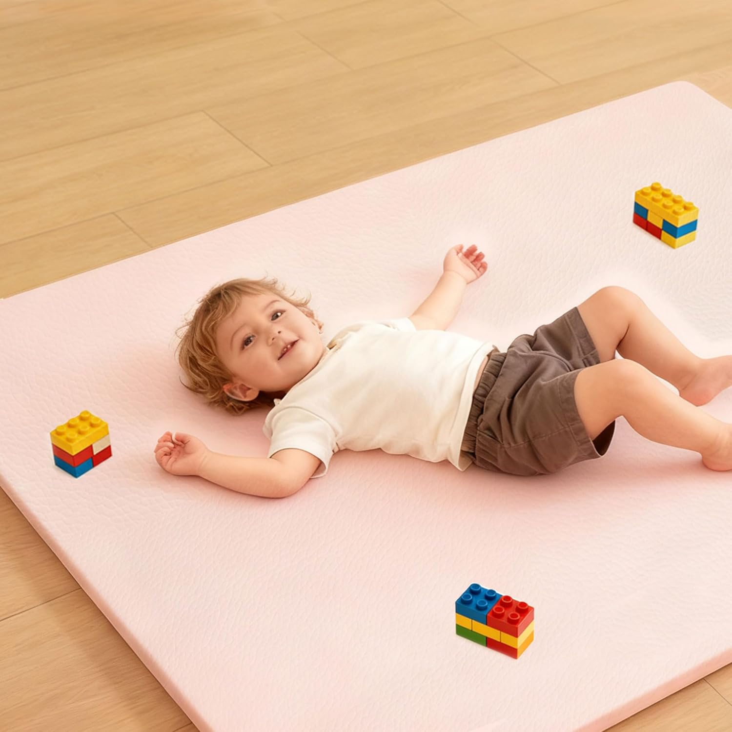 PU Leather Baby Play Mat for Floor, 50"×50" Playpen Mat, 1.3" Thick Elasti-Foam, Non-Slip Crawling Mat for Tummy Time, Waterproof & Wipe-Clean Playmat for Toddler,Infant, Kids (Pink)
