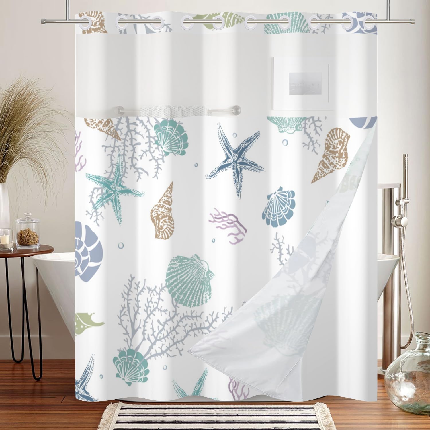No Hook Shower Curtain Nautical Coastal Shower Curtain with Snap in Liner Set Ocean Beach Coral Starfish Bathroom Curtains No Hook Double Layers Fabric Washable 71x74 Inch