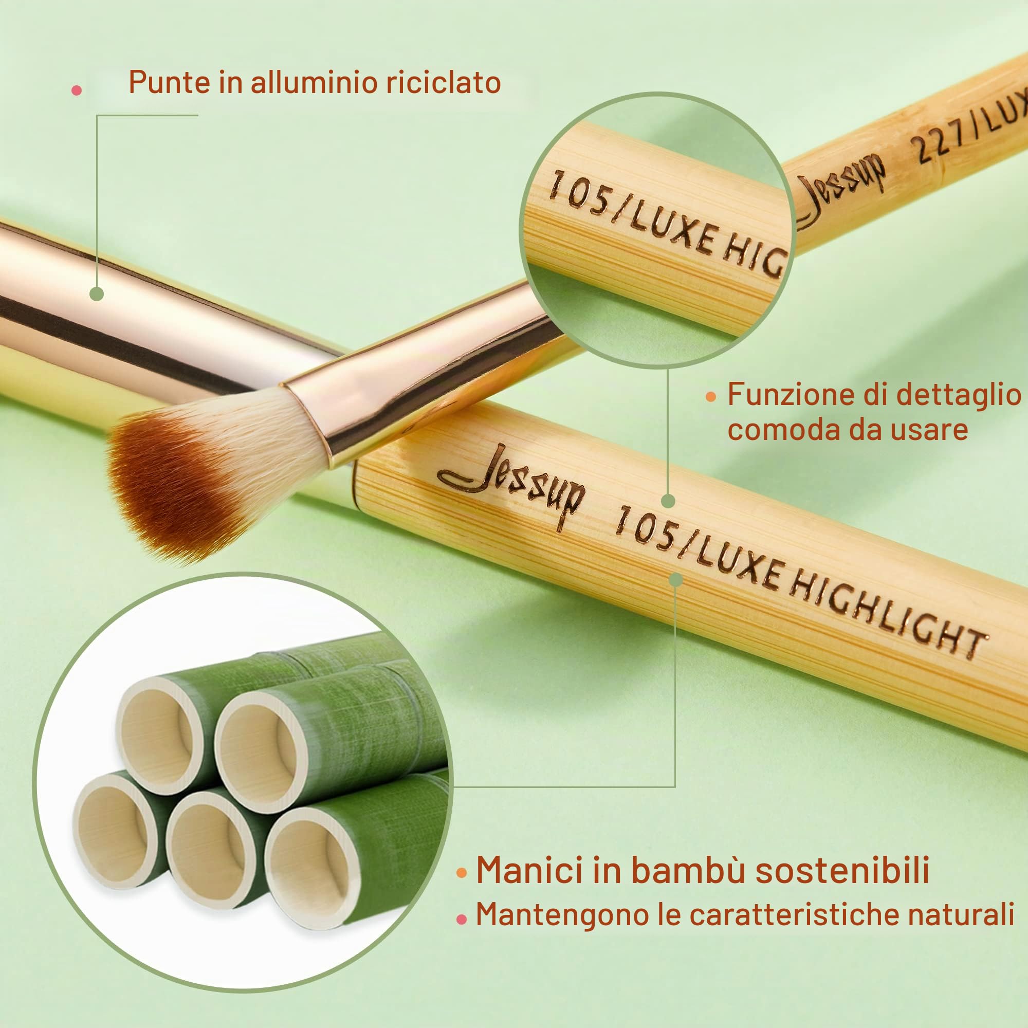 Jessup Marca 20pz Bellezza Pennelli in bambù per trucco professionale Set Trucco Kit di pennelli Fondotinta Pennelli per Ombretto T145