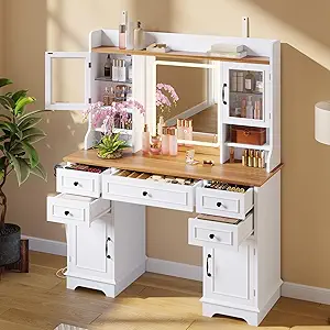 Vanity Desk with LED Lighted Mirror, Makeup Vanity Table with 5 Drawers, 4 Doors, and 3 Storage Shelves for Bedroom, Dressing Room, White