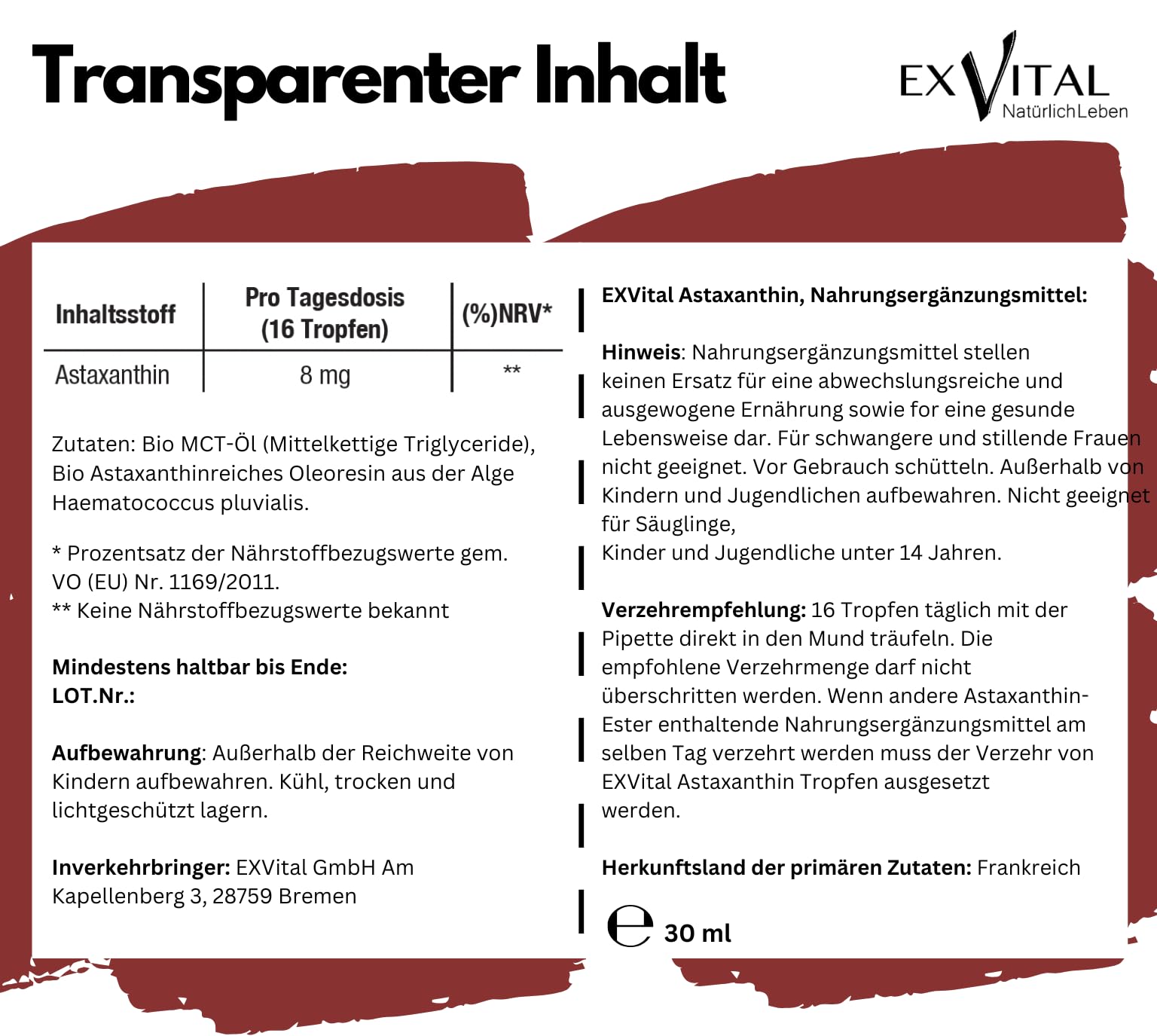 Bio Astaxanthin Tropfen, 8mg Astaxanthin pro Tagesdosis, Hochdosiert & Vegan - 100% natürliches Astaxanthin - Hohe Bioverfügbarkeit - Laborgeprüft, 30 ml