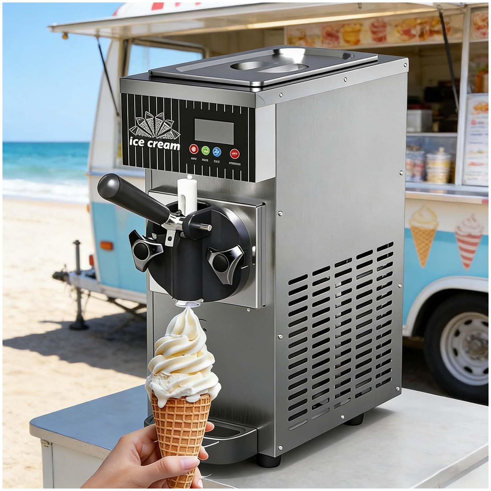 ZEEKYFOR Single Flavor Commercial & Home Soft Serve Ice Cream Maker, Auto Clean, LCD Panel, for Beach Restaurant Snack Bar, 4-8kg/H Output 2.5L Metallic