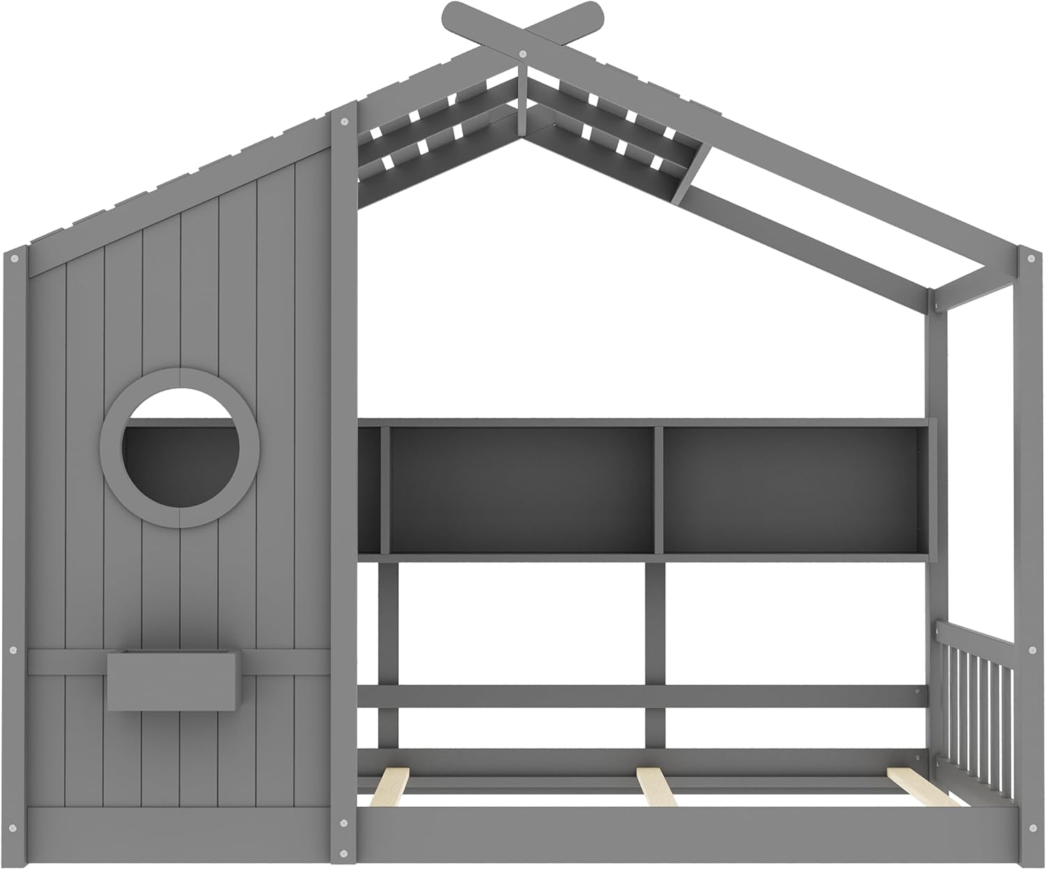 Merax Kids Twin House Floor Bed with Storage Shelves, Twin Size House Bed Frame with Headboard for Girls Boys, Wood Low Montessori Bed for Bedroom Guestroom, Grey