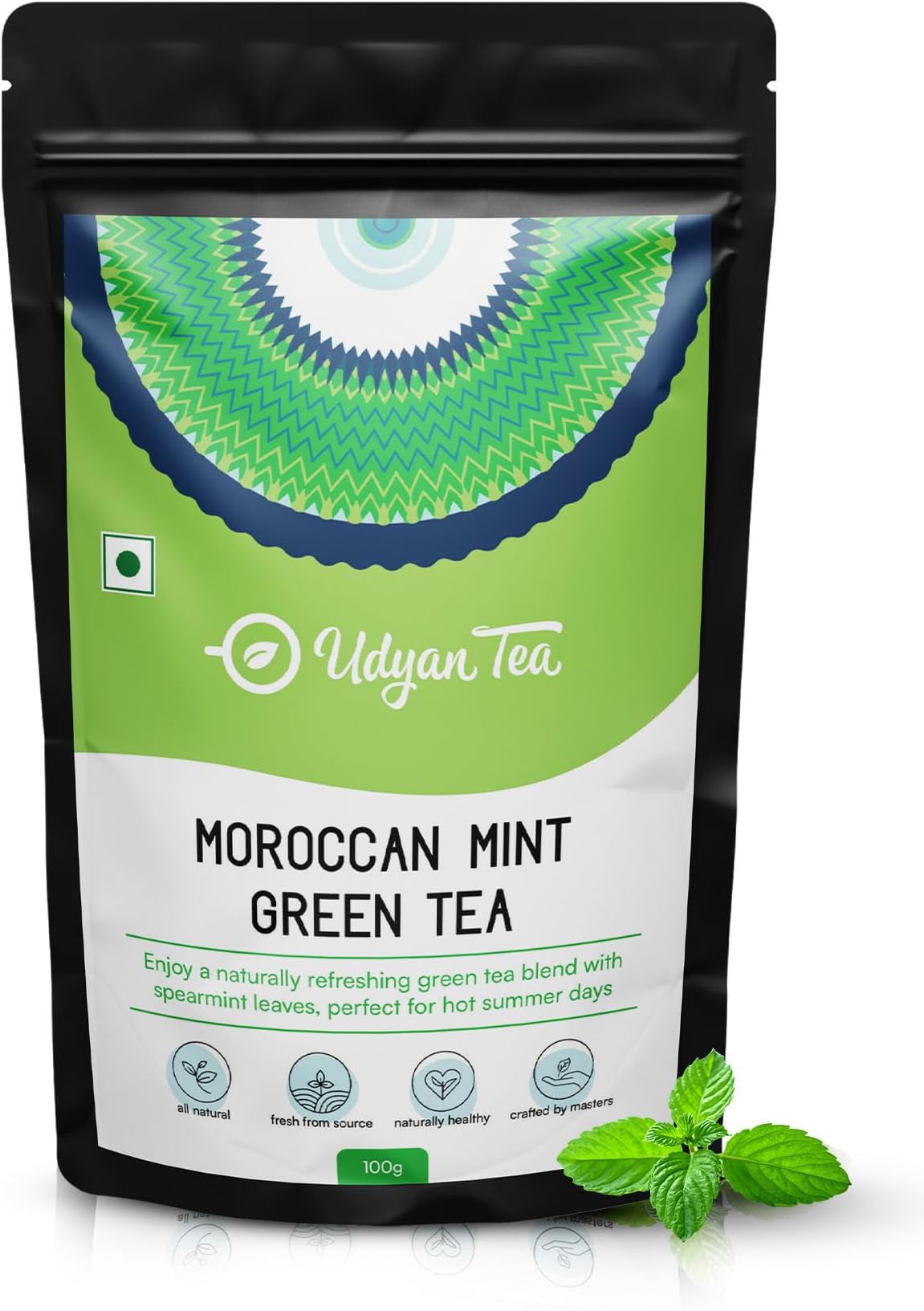 Udyan Tea Moroccan Mint Green Tea, 100g (50 Cups) | Refreshing Green Tea with Spearmint Leaves | Natural Loose Leaf Tea