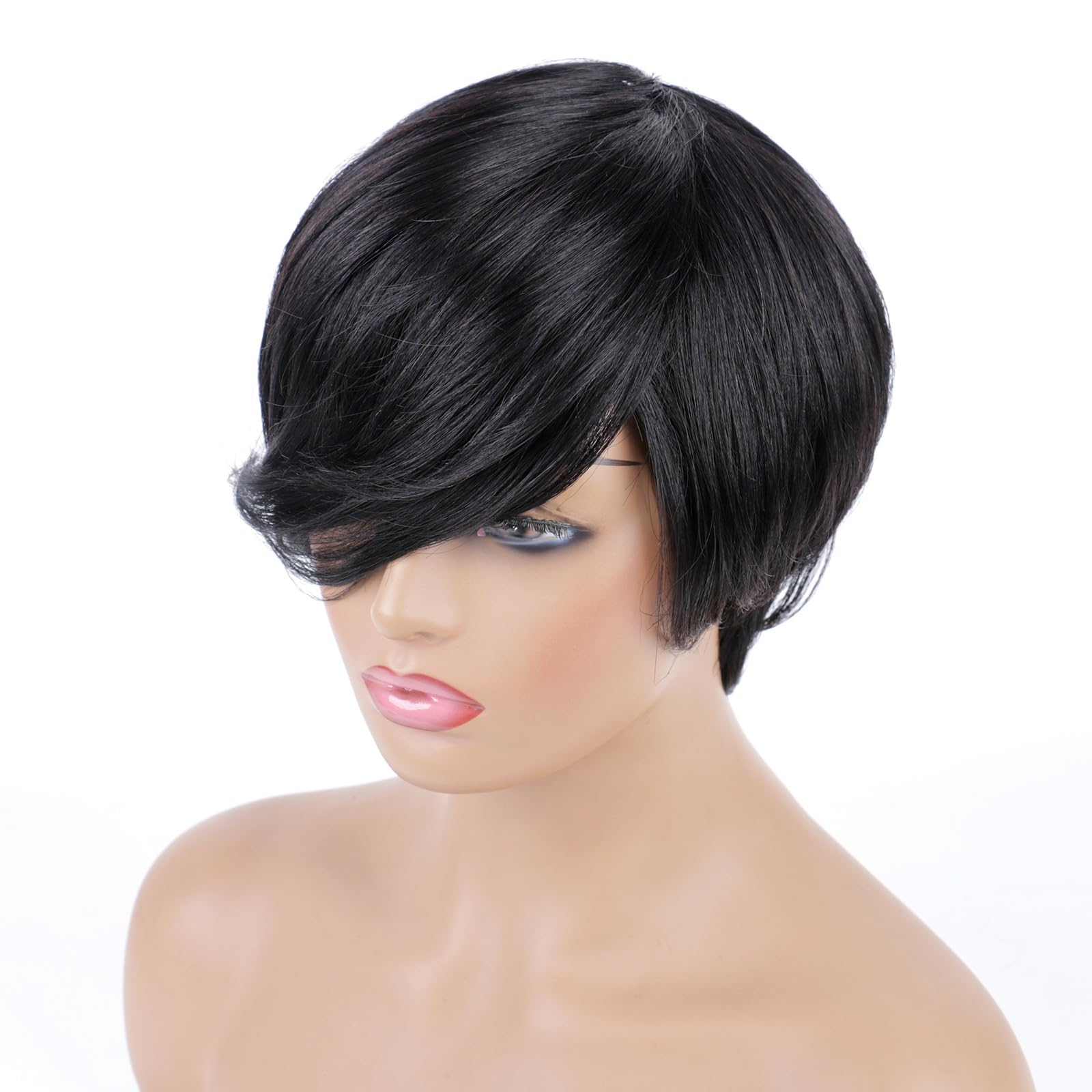 Huarisi Short Black Bob Wig with Bangs Side Part 1B Chic Elegent Pixie Cut Wigs for Women Wavy Human Hair Glueless Natural Side-Swept Fringe Layered None Lace Remy Real Hair - Image 4