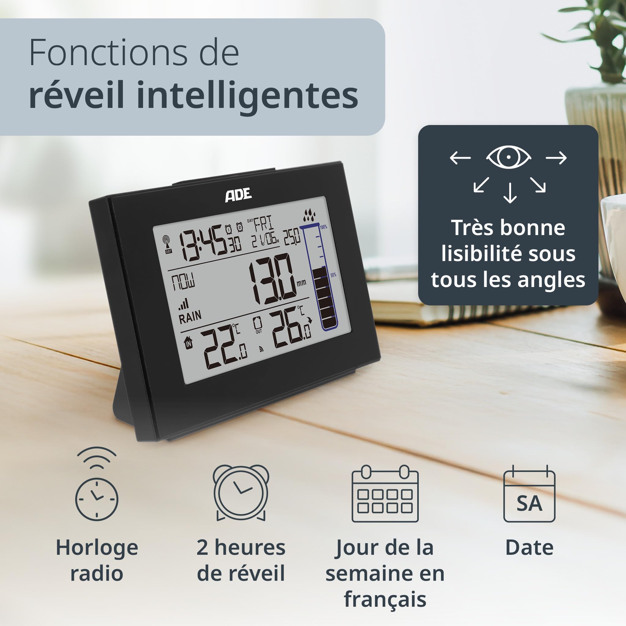 ADE Pluviomètre exterieur jardin | resistant au gel | station météo avec thermomètre interieur et exterieur sans fil | horloge radiopilotée avec 2 heures de reveil | affichage de la date | piles incl.