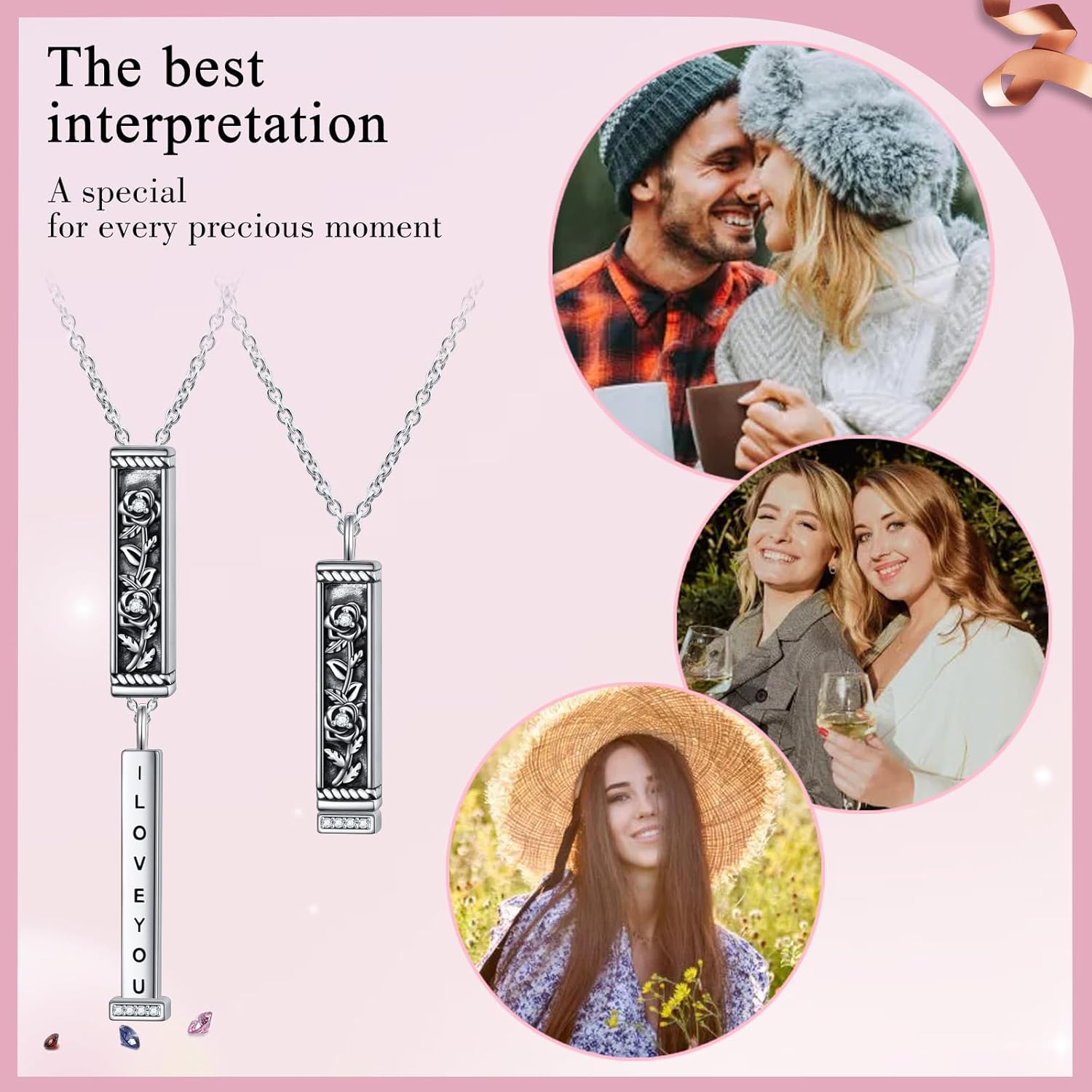 Ladytree I Love You Necklace Sterling Silver Rose Bar Necklace Engraved Hidden Message Oxidized Secret Jewelry Romantic Birthday Valentines Day Couples Gifts for Women - Image 7