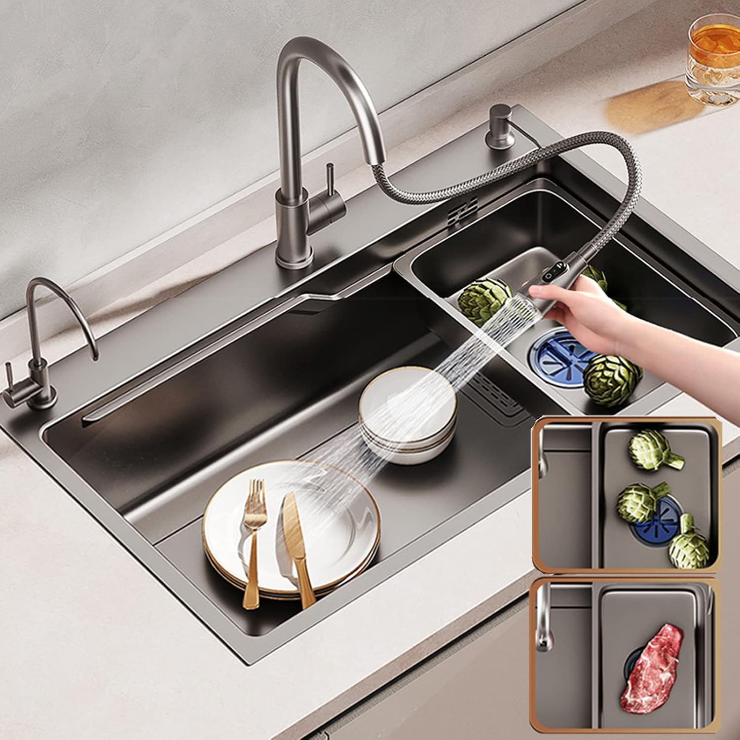 Single Bowl Kitchen Sink, Stainless Steel Workstation Sink Kit with Pull-Out Faucet and Soap Dispenser,Household Sink Bar Sink,Drop in Top or Und