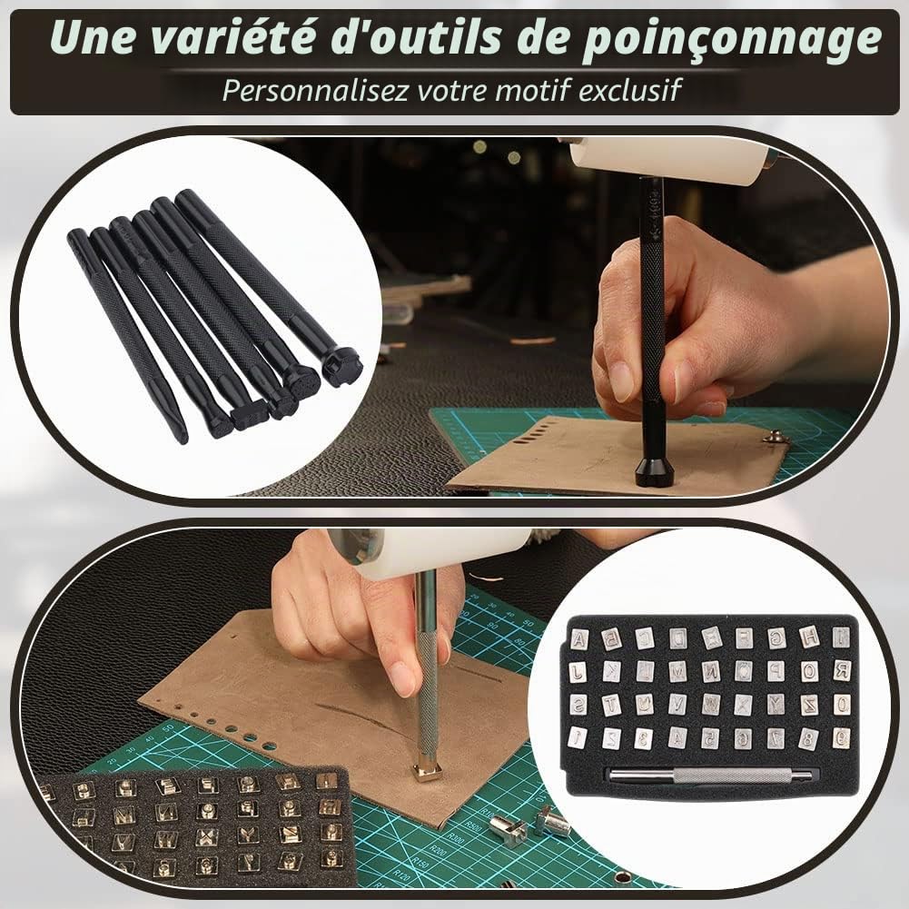 Kit d'outils en Cuir, kit de Couture en Cuir, Outil de Traitement du Cuir avec Outils de découpe en Cuir, kit de Rivets en Cuir, Grover, Tapis de Coupe, perforateur à Dents et Sac de Rangement