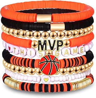 9 Pack Basketball Bracelets Stack Basketball Friendship Bracelets Heishi Beaded Stretch Bracelets Basketball Game Day MVP Sports Fan Bracelets Jewelry Gifts