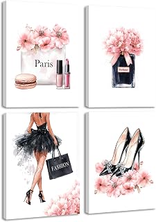 Drsoum Glam Fashion Makeup Room Decor Framed Pink Beauty Girly Elegantes Bathroom Wall Art Perfume Handbags High Heels Pictures Bedroom Dorm Decorations Ready to Hang 8x10inx4pcs (Framed)