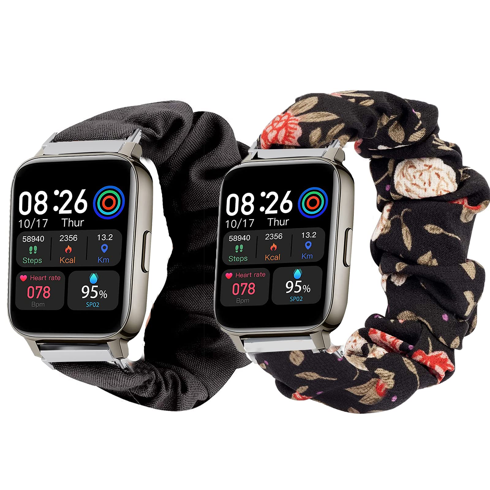 Compatible for Motast 1.69" Smartwatch Band, onetuo Fabric Scrunchie Elastic Women Replacement Straps Compatible for MuGo P36A/AGPTEK 1.69"/Rinsmola 1.69/Doubc Smart Watch (2 pack-Black flower+Black)