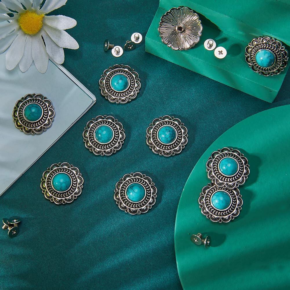 GORGECRAFT 10 Sets Turquoise Buttons Screw Back Buttons Western Style Buds Daisy Button Sunflower Decorative Buckle Vintage Flower Replacement Buckle for DIY Leather Sewing Craft Bags Decor