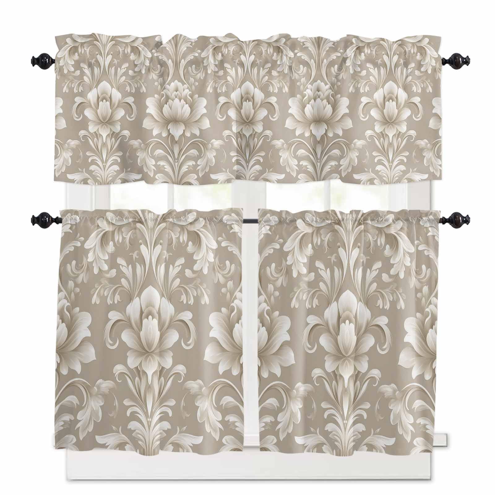 Light Brown Flowers Kitchen Curtains 36 Inch Length,3 Piece Rod Pocket Small Half Tiers and Valance Set,Rustic Boho Ethnic Middle Century Small Large Window Treatment Decor for Bedroom/Bathroom Sink