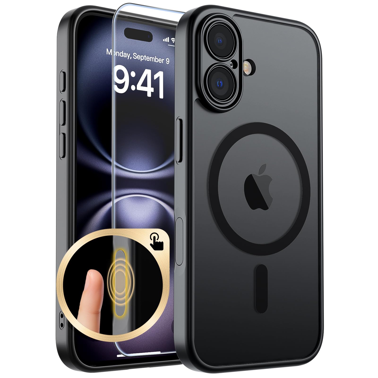 Photo 1 of SUPFINE Magnetic for iPhone 16 Case with Camera Control Button,[Full Camera Protection][1+Tempered Glass Screen Protector] Slim Translucent Matte Shockproof Phone Cover,Black