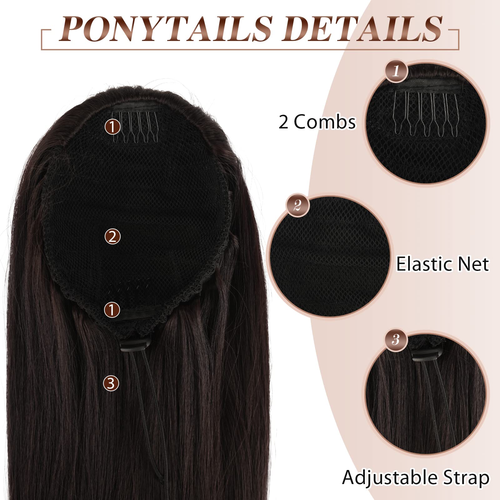 FESHFEN Coulisse Coda di Cavallo Extension, 70 cm Ponytail Extension Coda Capelli Lisci Lungo Coulisse Estensione dei Capelli Castano Scuro Sintetica Coda Capelli Extension
