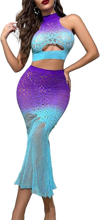 Lingerie Sets for Women Sexy Ombre Sheer Mesh Sleeveless Tank Crop Tops Bodycon Maxi Skirt Party Cocktail Outfits