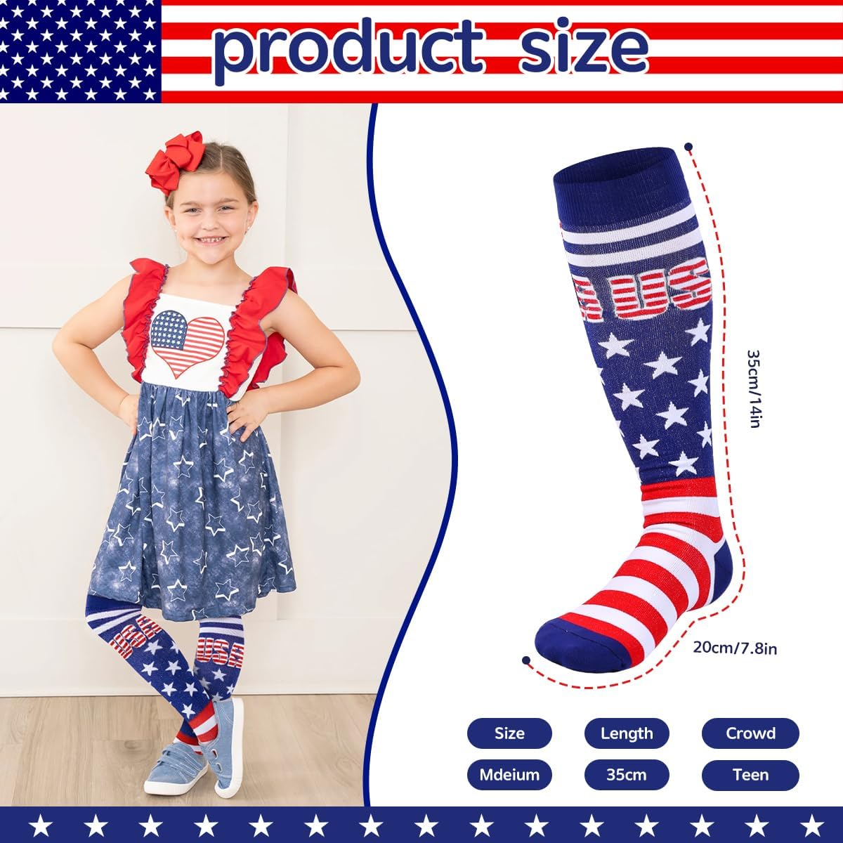 2 Pairs American Flag Socks for Kids, 4th of July Middle Star Stripe and USA Socks,Patriotic Freedom Day Gifts