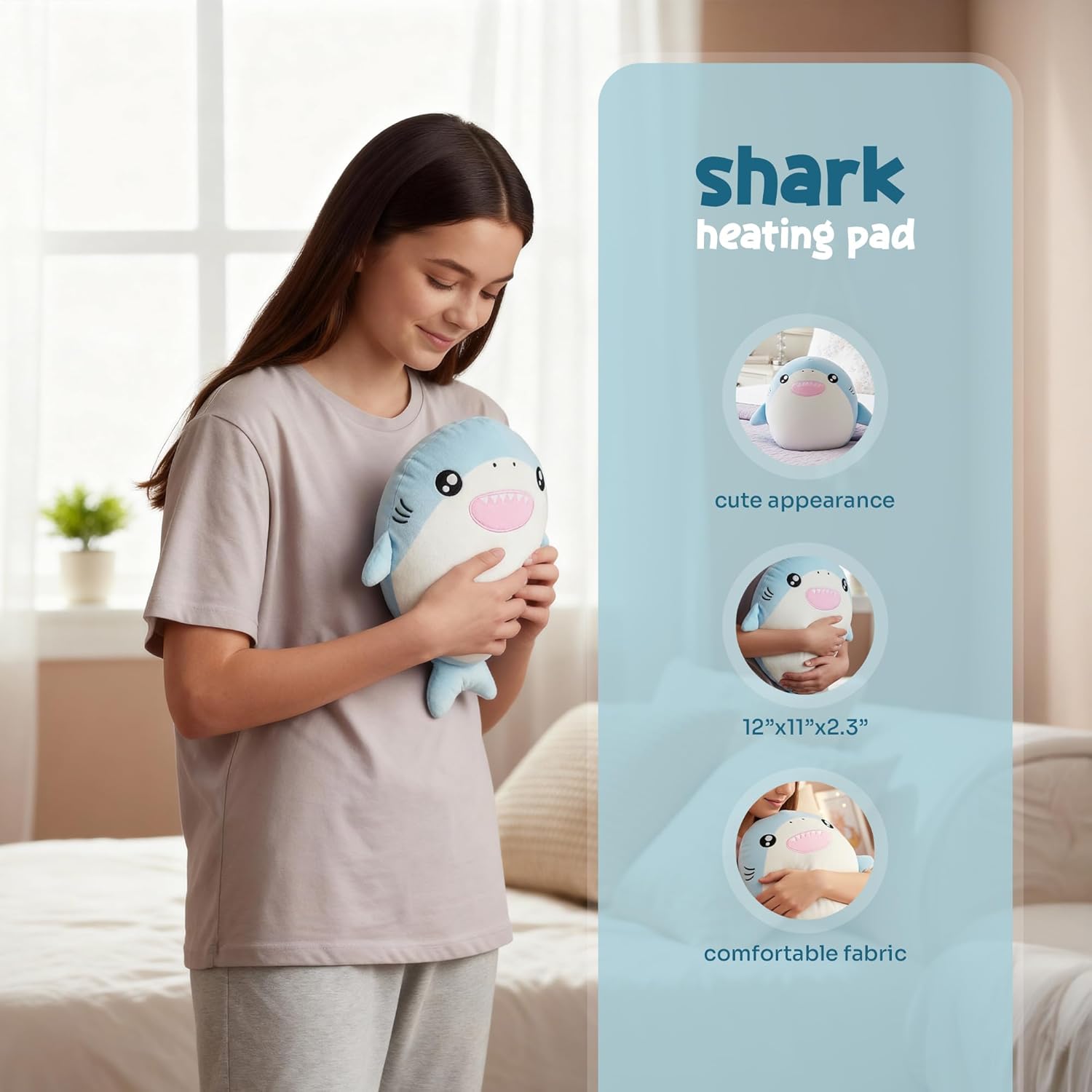 Primo Lines Shark Microwavable Heating Pads for Cramps - Portable Heating Pad for Period Cramps, Soft Cordless Period Pain for Teens & Women | Cute Stuffed Animals Plushies Gift