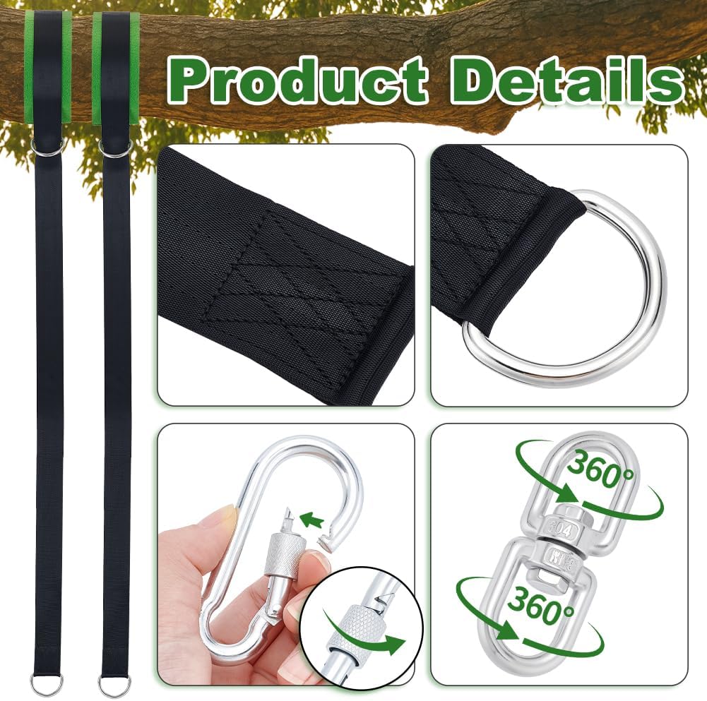 2 Sets Tree Swing Hanging Kit, 10ft Extra Long Straps with 2pc Lock Snap Carabiner Hooks and 1100 Lb Breaking Strength Heavy Duty Hammock Tree Hanging Strap for All Types of Swings
