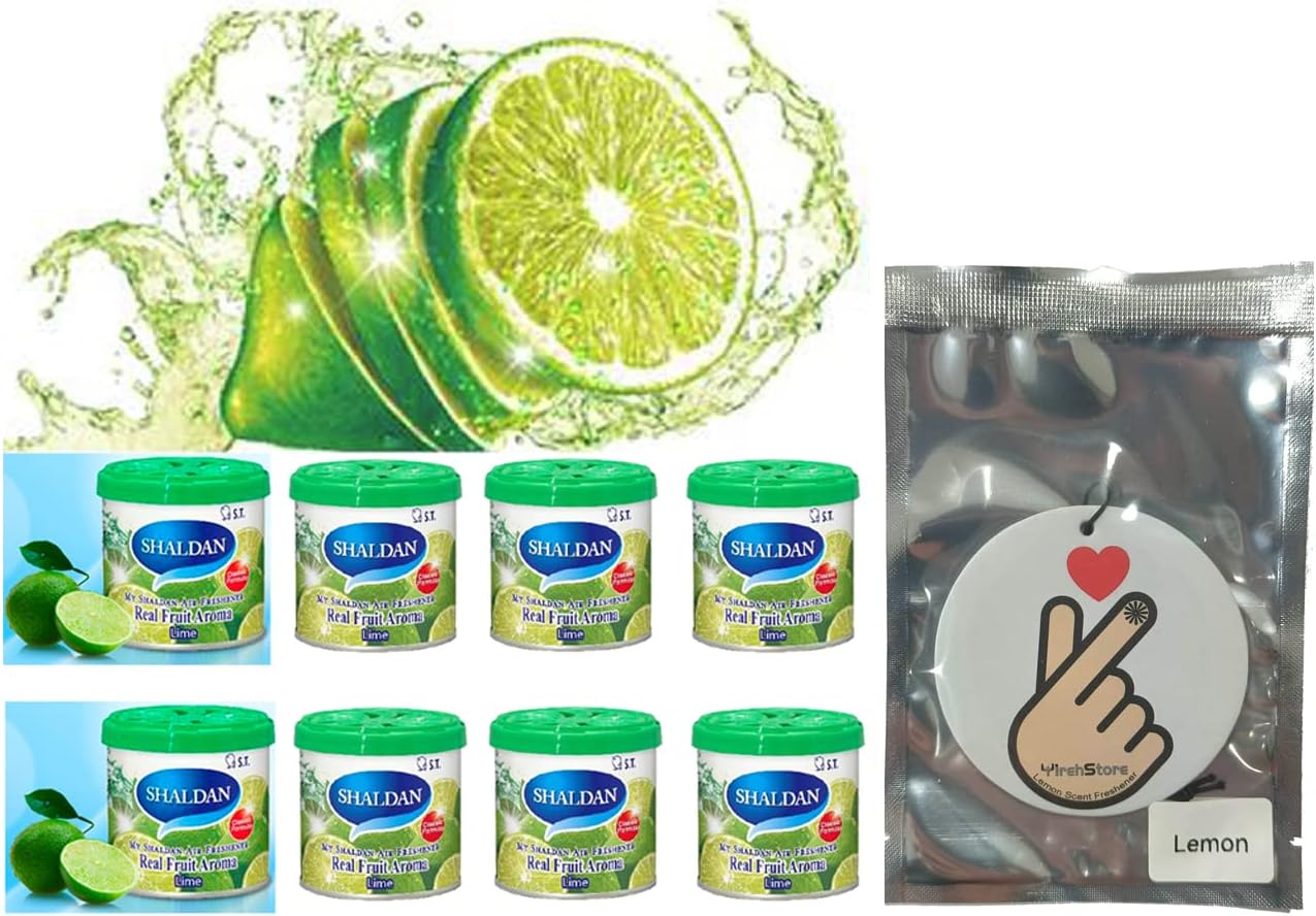 My Shaldan Air Freshener V8 - Lime x8 cans Real Fruit Aroma by ST. Corporation, Japan, Original Classic Formula, and YirehStore Finger Heart Lemon Scent