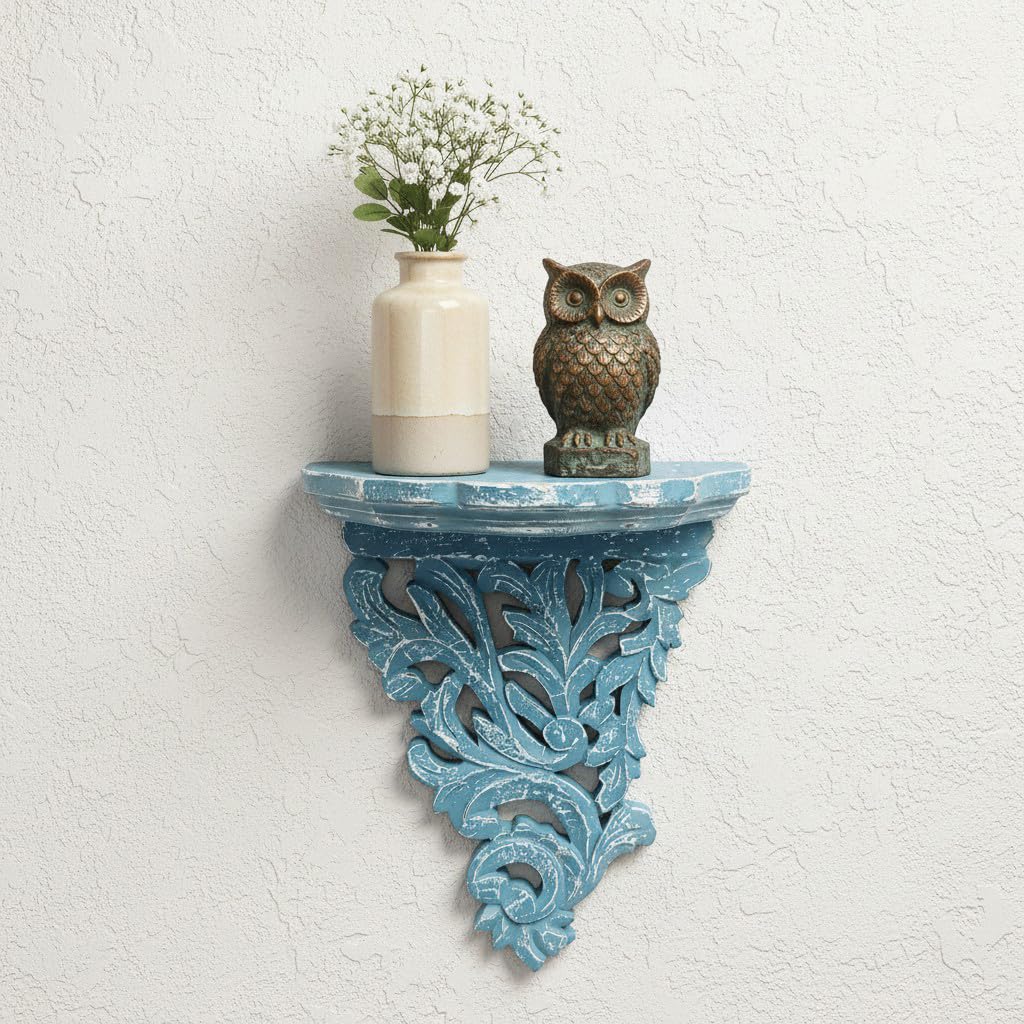 THE URBAN STORE Hand-Carved Decorative Wall Shelf | Vintage Distressed Blue Wooden Floating Display Shelf for Living Room, Bedroom & Hallway.-picture-16