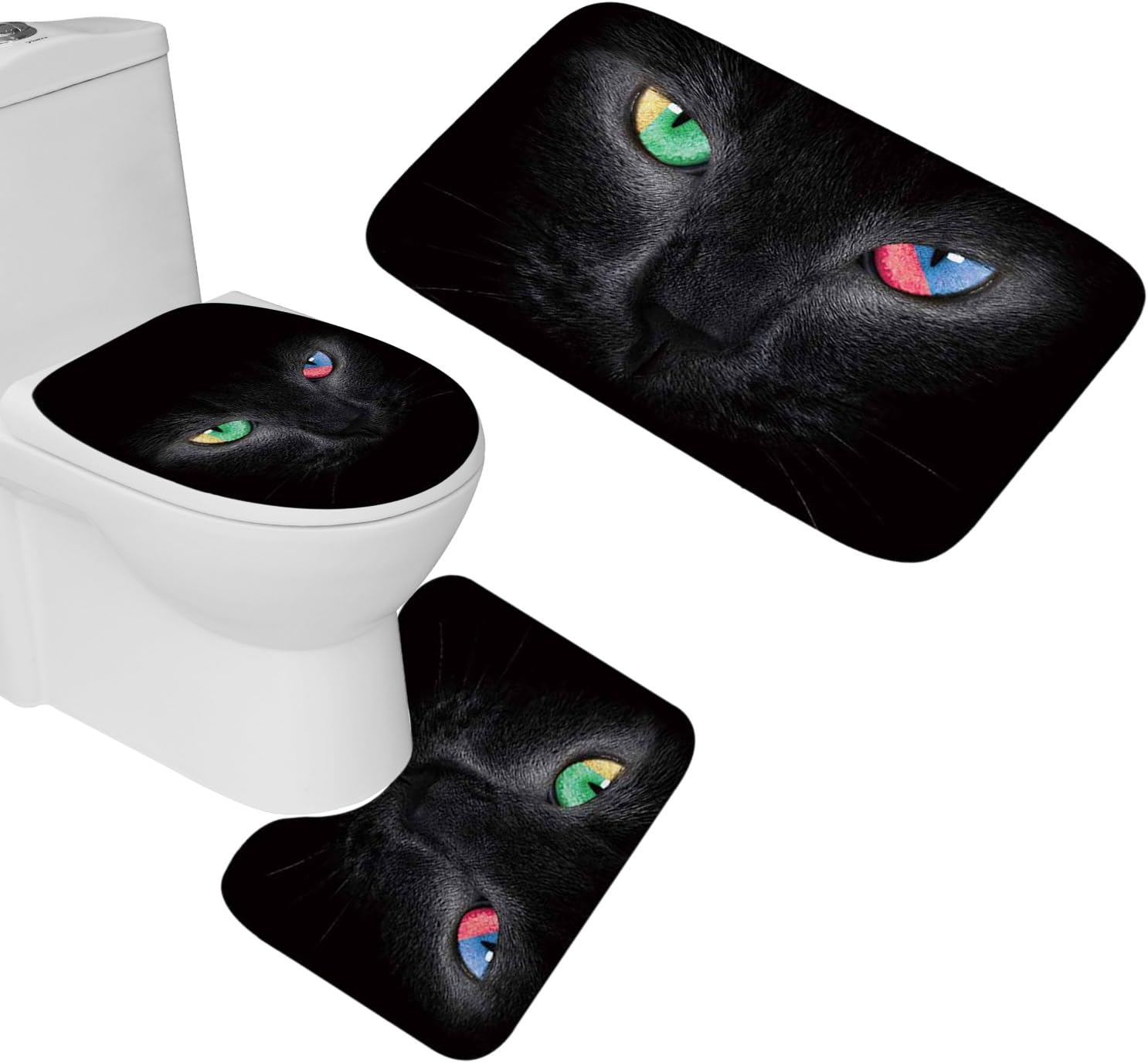 3 Piece Black Cats with Four Color Eyes Bathroom Mat Set Contour Mat + Lid Toilet Cover + Bath Mat Green Yellow Blue and Pink Eyes