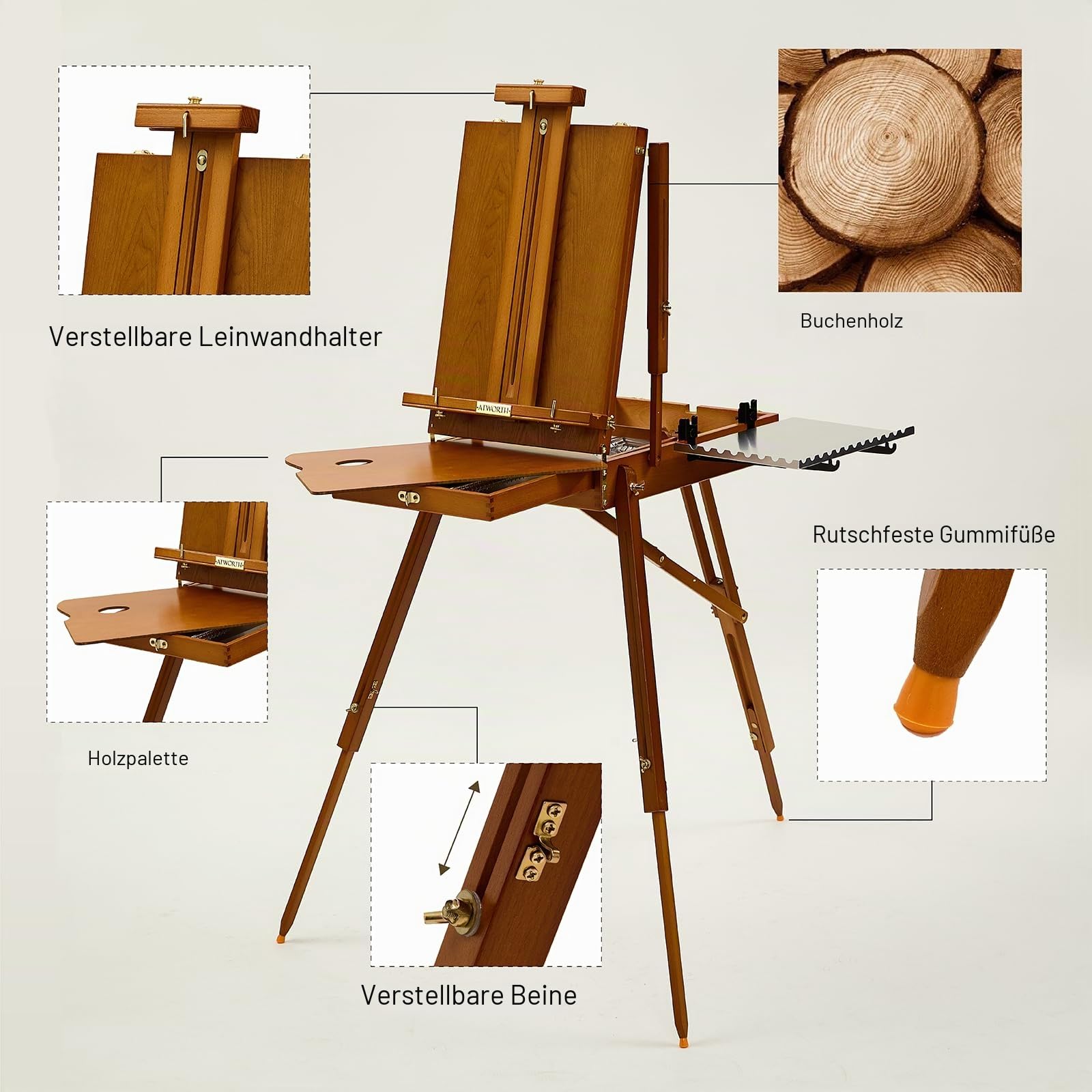 Staffelei Holz Groß, Französische Kofferstaffelei Studio-Skizzenbox aus Buchenholz, Tragbare Kunststaffelei mit Schublade für Künstler, Hält Leinwand bis zu 86,4cm, Leichtes Walnuss