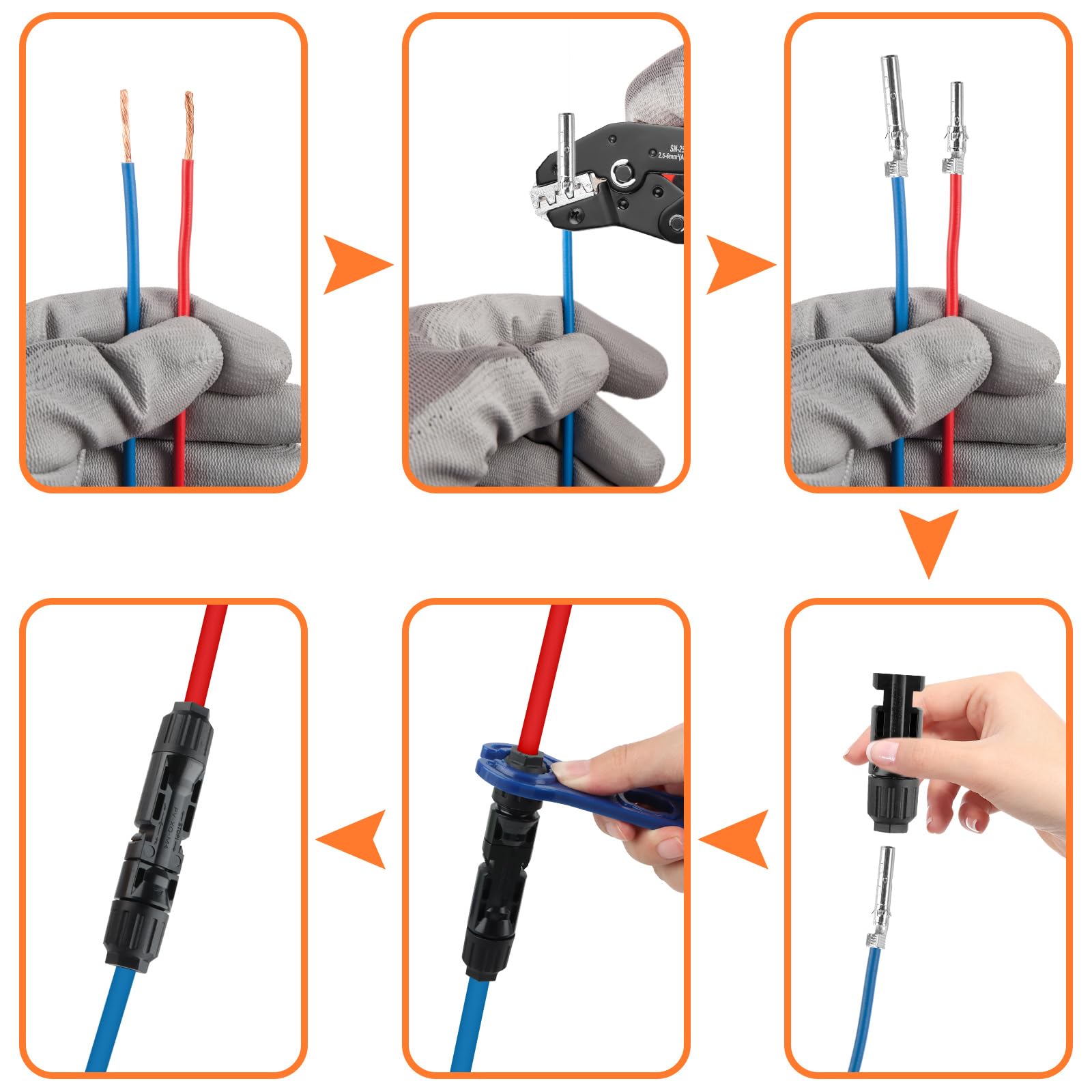 Juego de Crimpadora Solar 1 Alicates 12 Pares Conectores Macho Hembra 14 Pares Conectores Fotovoltaicos 2 Llaves Inglesas 2,5/4/6 mm²
