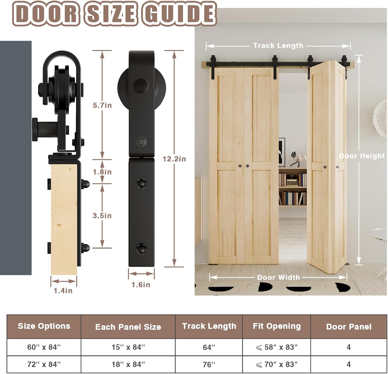 DonYoung 60'' x 84'' Bi-Fold Barn Door with Sliding Hardware Kit Set, 4 x 15in Door Panel with One-Piece 64'' Track, Pre-Drilled Bi-Folding Slab-Ready for Painting, Natural Spruce