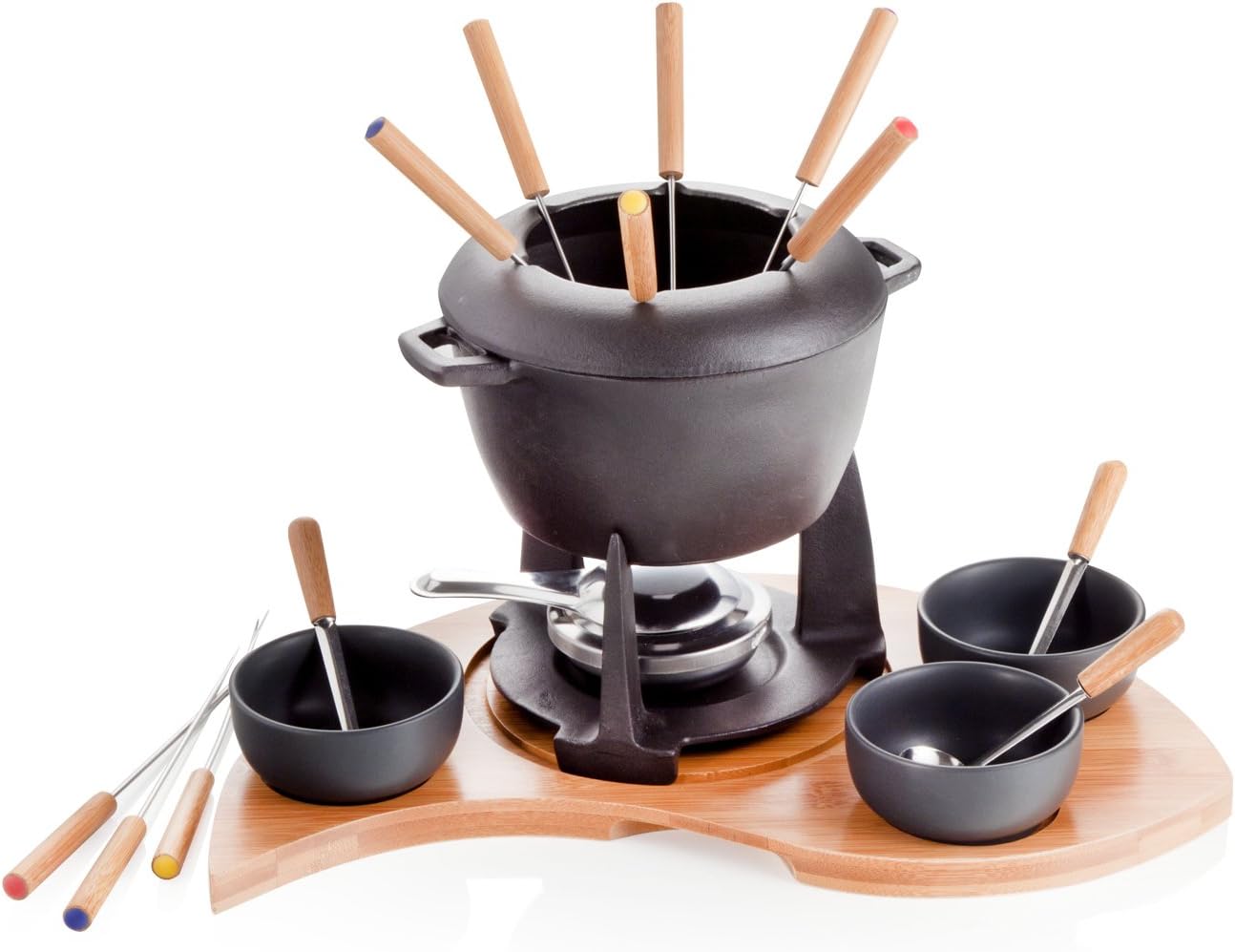 Half-Moon Cast Iron/Bamboo Fondue Set with Stand, Multi-Colour
