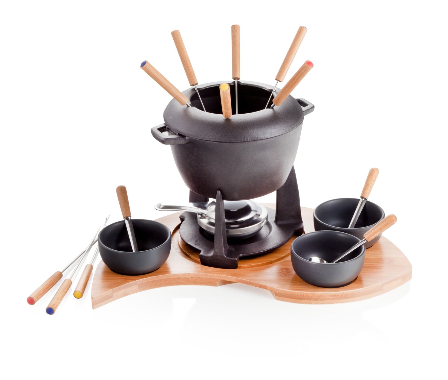 Brandani 59203 Service à Fondue en Fonte Mezzaluna avec Support Bambou Set de 17 Pièces