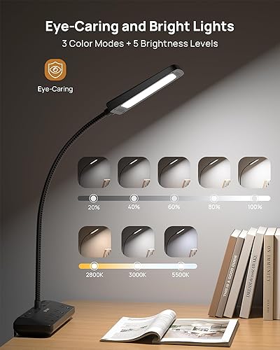 Miniatura 3 de TROND Lámpara de escritorio LED con regleta de alimentación de abrazadera, luz de escritorio para el cuidado de los ojos con 4 salidas protectoras