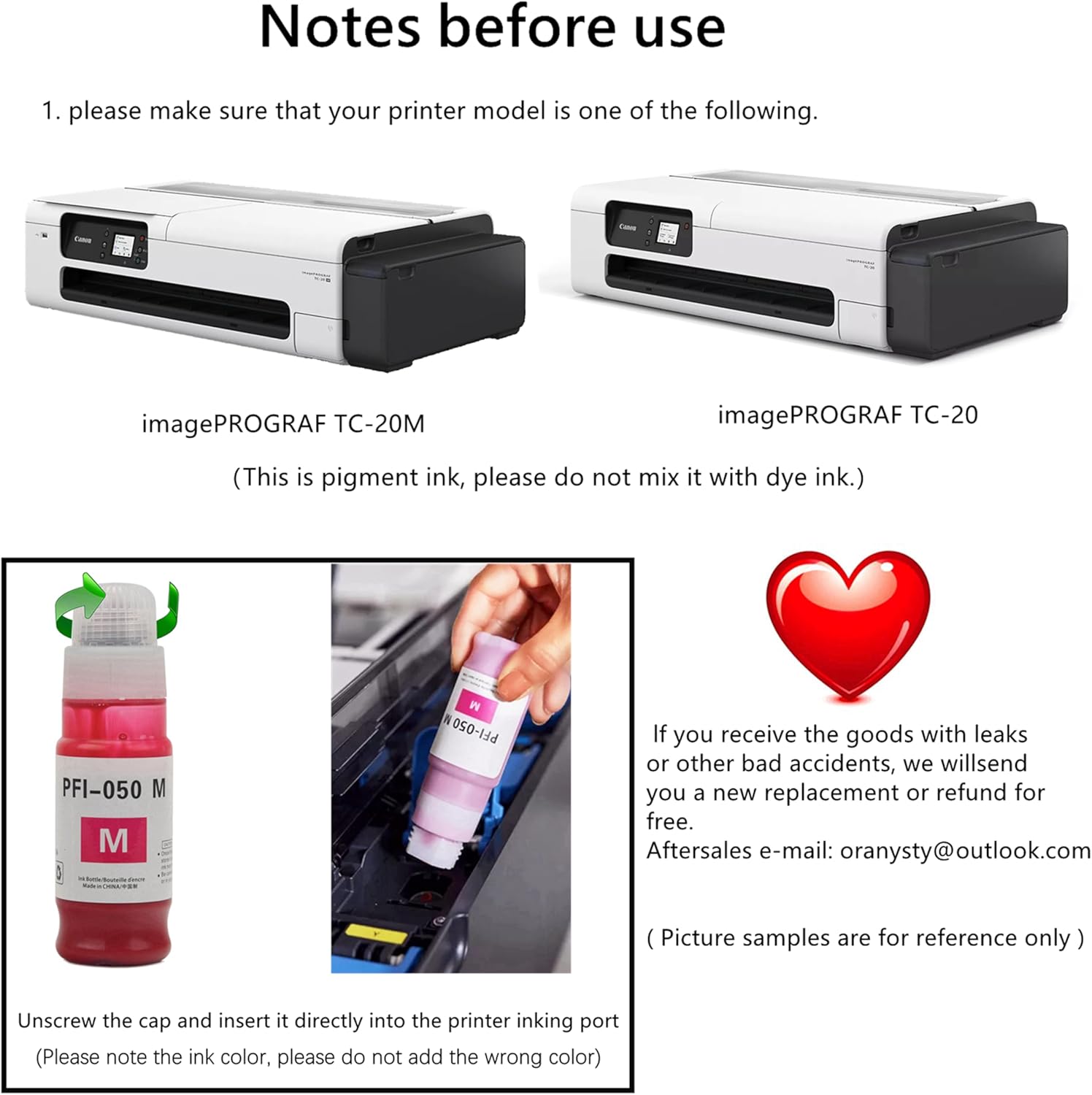 PFI-050 70ml Pigment Ink Tank Set Remanufactured for Canon PFI-050 PFI050 PFI 050 Ink Bottle Compatible with Canon imagePROGRAF TC-20 TC-20M Printer (BK C M Y) tc20m tc20 Ink Refills
