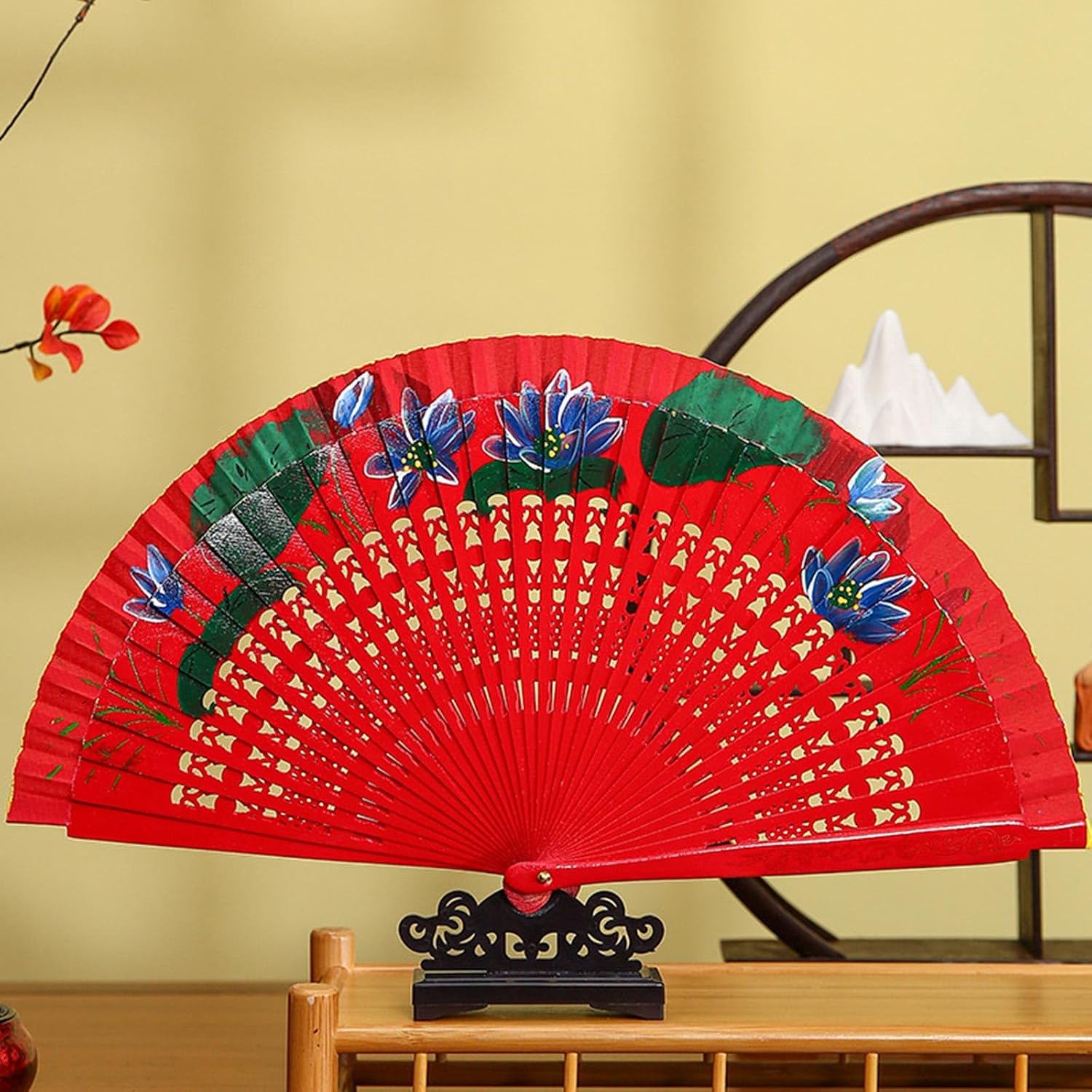 Women Vintage Spanish Folding Fan Double-Side Flower Painting Wood Hand Fan for Dance Festival Decoration