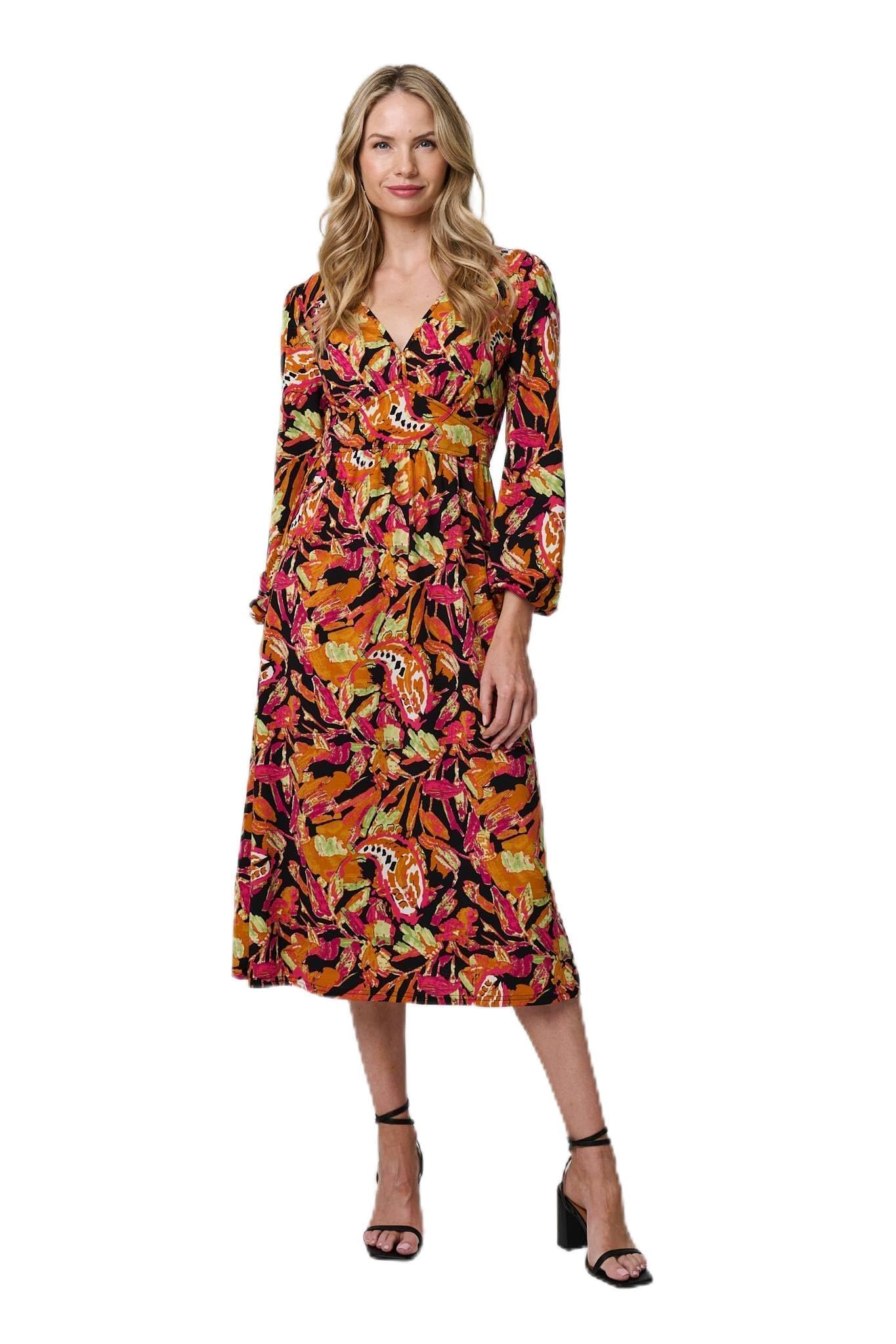 Izabel London Orange Tropical Floral Print Long Sleeve Midi Dress - 12