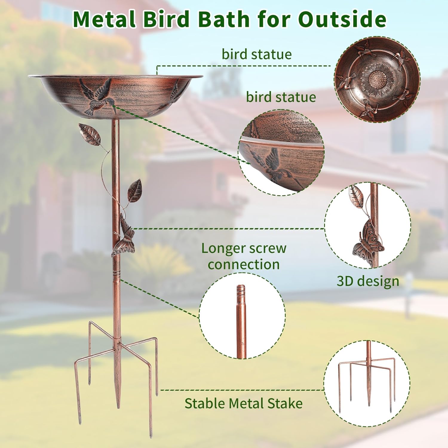 Metal Bird Bath for Outside with Detachable Stake - 5 Pronged Base Birdfeeder Feeder Bowl, Bird Bath Bowl for Yard Garden Lawn Decoration, Humming Birdfeeders for Outdoors(Red Bronze)