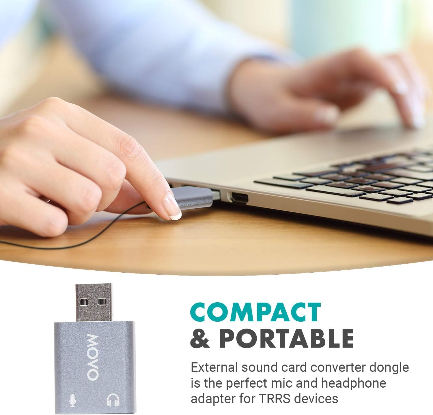 Movo USB-AC1 3.5mm TRRS Microphone to USB 2.0 Stereo Digital Audio Converter - USB Sound Card Adapter for Computer or Laptop - Convert USB Input to 3.5mm TRRS Headphone or Mic Jack