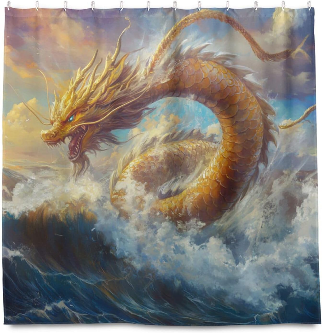 72x72 Inch Shower Water Proof Sets with Shower Curtain with Long Washable Luxury Curtain Liner for Bathtub Chinese Dragon Ocean