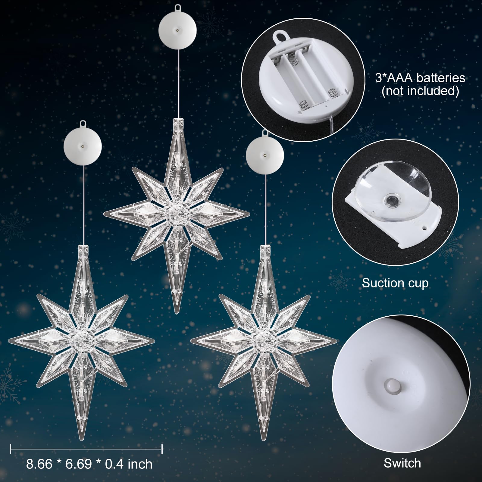 LYUBASA 3 luces de Navidad para ventana con temporizador, funciona con pilas, para colgar en la ventana de Navidad, luz blanca, lámpara LED en forma de estrella de la suerte para árbol de Navidad,