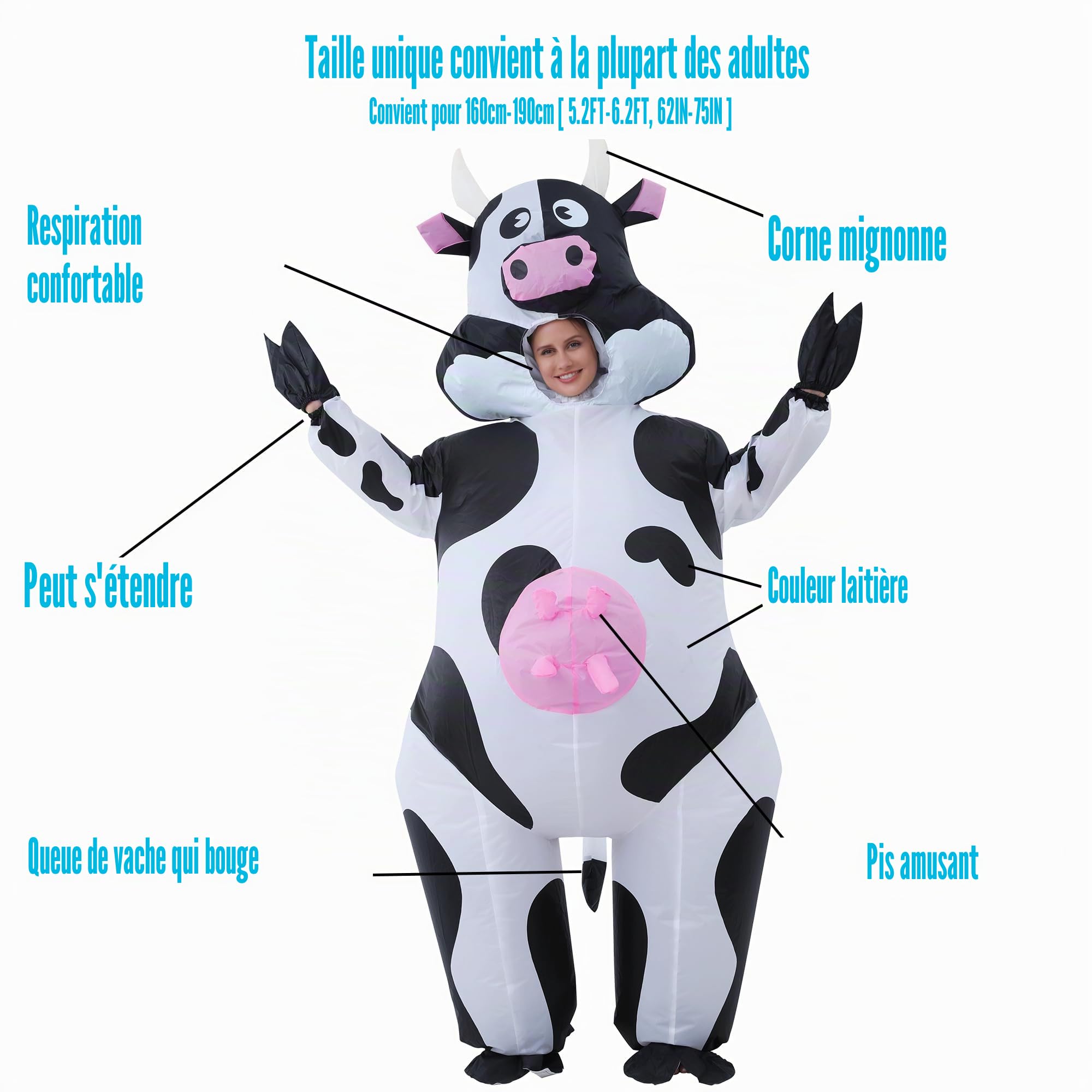 Costume Gonflable de Vache, Costume de Vache Amusant, Déguisement Animal Drôle, Idéal pour Costumes d'Halloween, Noël, Carnaval, Cosplay, Fêtes et Soirées à Thème, Mascarades