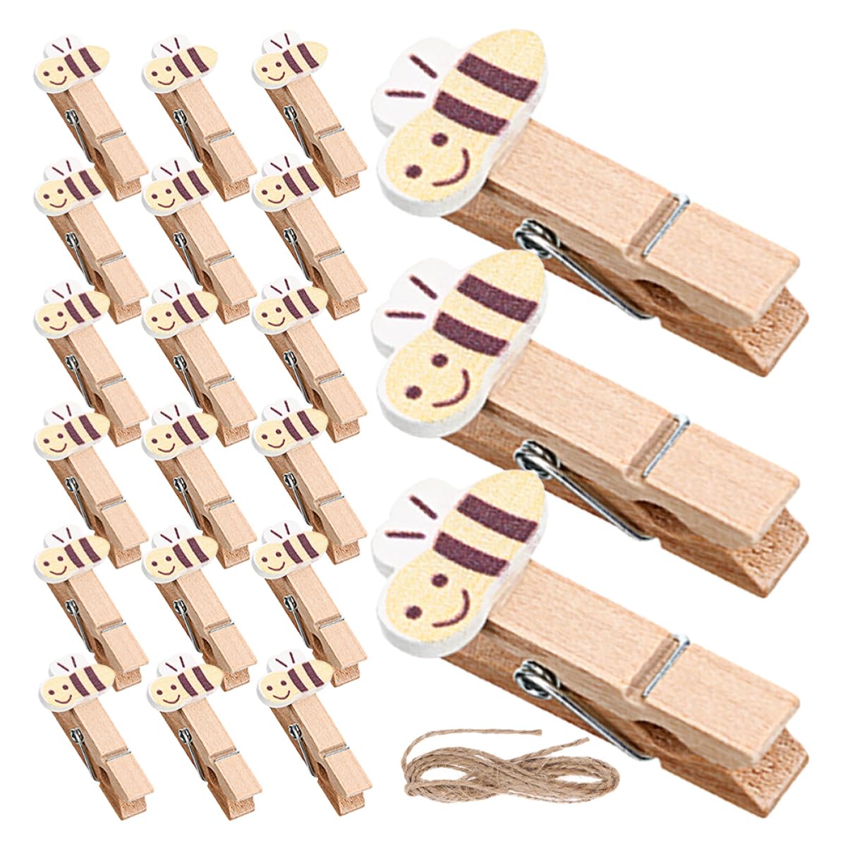 Cabilock 50PCS Mini Wooden Clips for Photos Snacks Crafts Home Decor Jute Twine Included Cute Honey Multipurpose Wooden Clips for Arts Crafts Projects