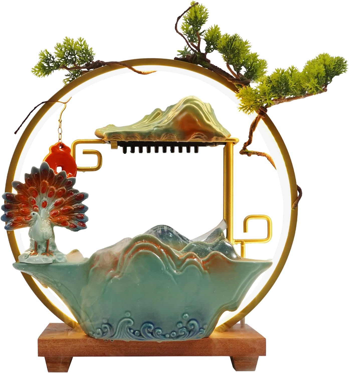 Tabletop Water Fountain with LED Light and Mist, Water Fountains Indoor Waterfall Tabletop Mini Water Fountain Circle Indoor Zen Fountain Fake Plants Feng Shui Decor for Office Living Room Bedroom