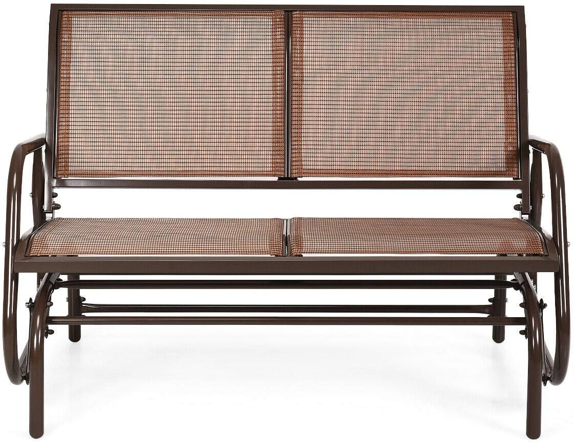 Brown Outdoor Swing Glider Bench Loveseat Rocker Lounge Glider Rocking Chair Steel Frame Construction Comfortable With Curved Backrest And Armrest Ideal For Garden Patio Front Porches Backyard Use