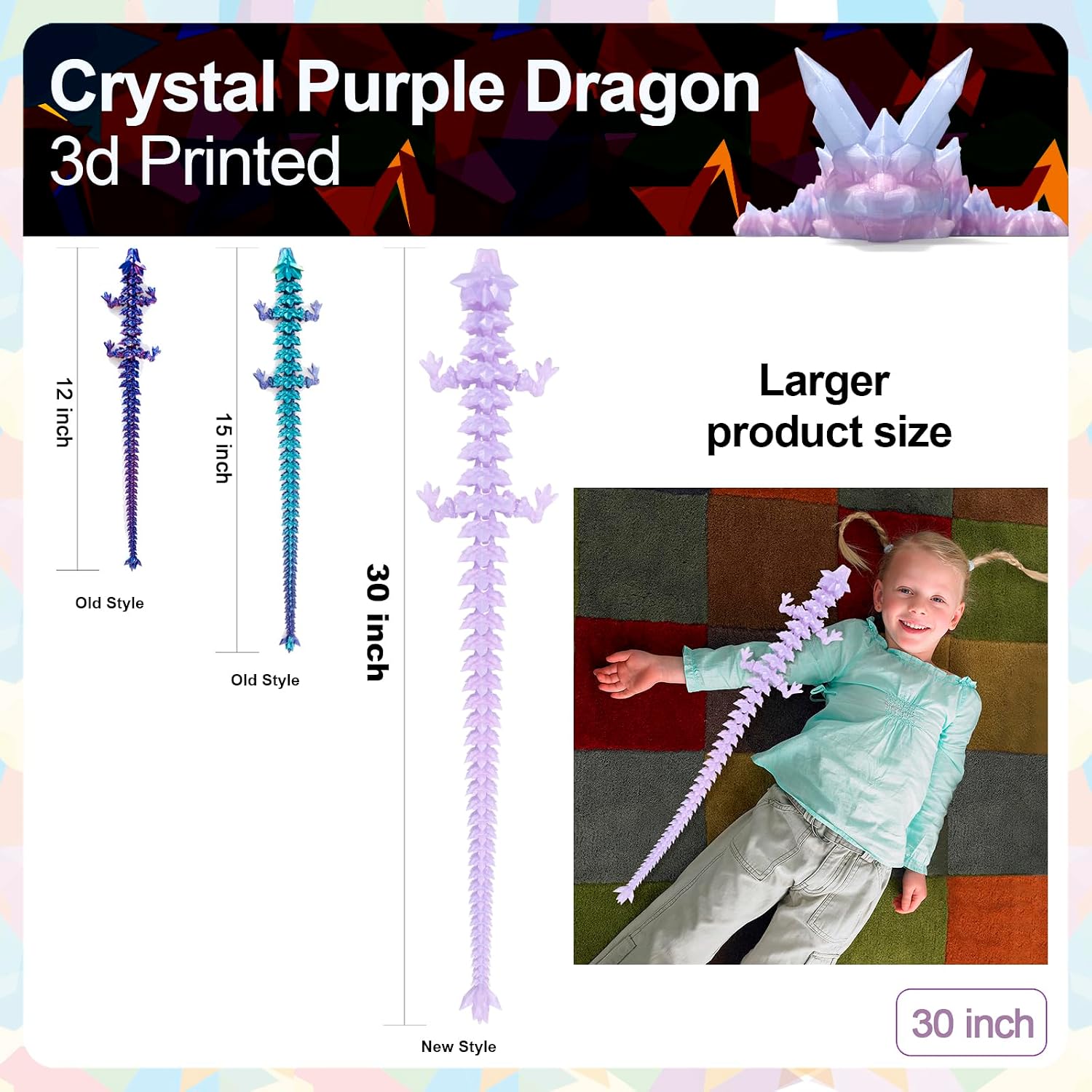 30" Large 3D Printed Dragon - Huge Articulated Crystal Dragon Fidget Toy, Giant Flexible 3D Dragon Figure, Birthday Gift for Boys Girls Kids & Collectors, Home Office Executive Desk Decor