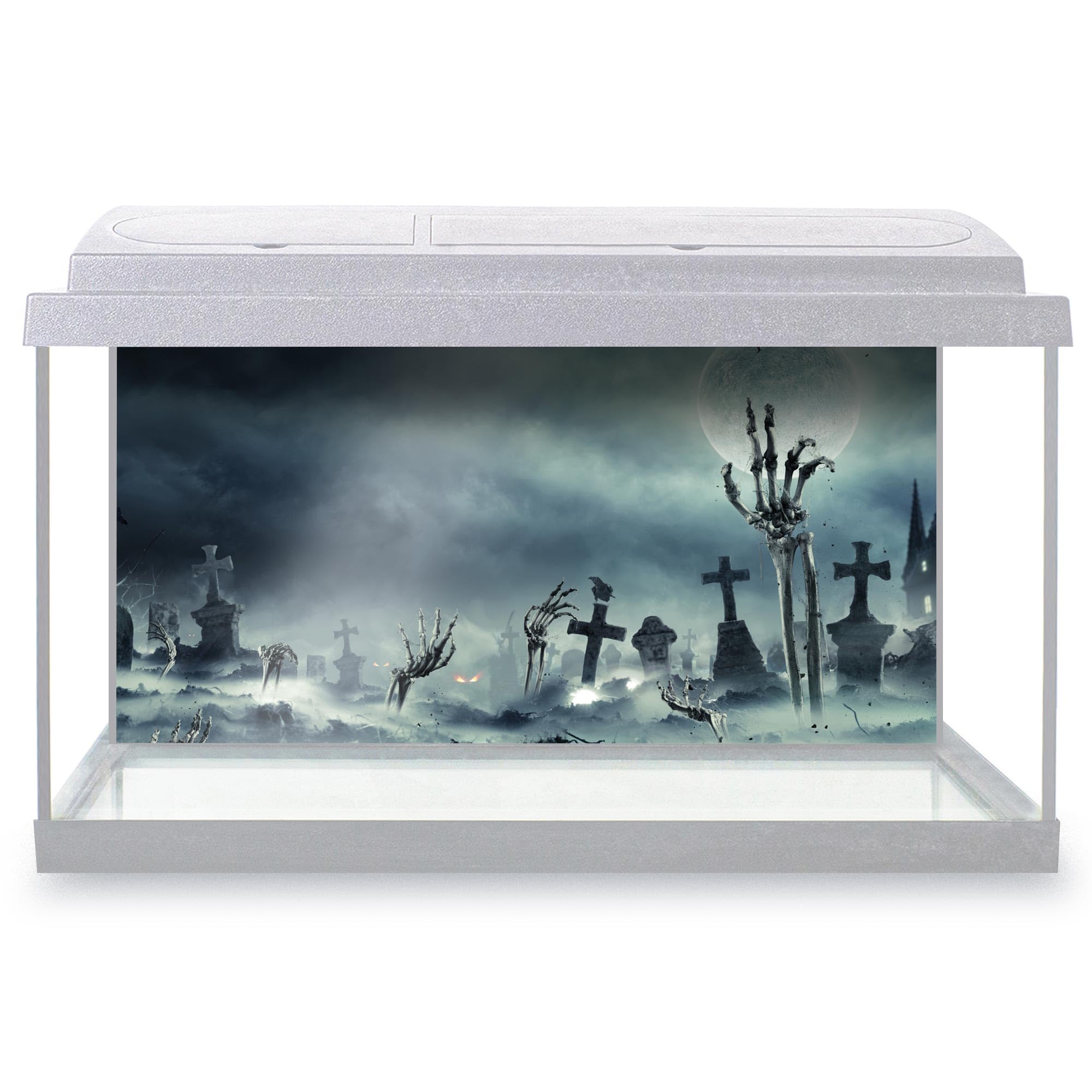 Aquarium Fish Tank Background 90x45 cm - Skeleton Zombie Graveyard Halloween Static Cling Vinyl Vivarium Terrarium External Application #52045