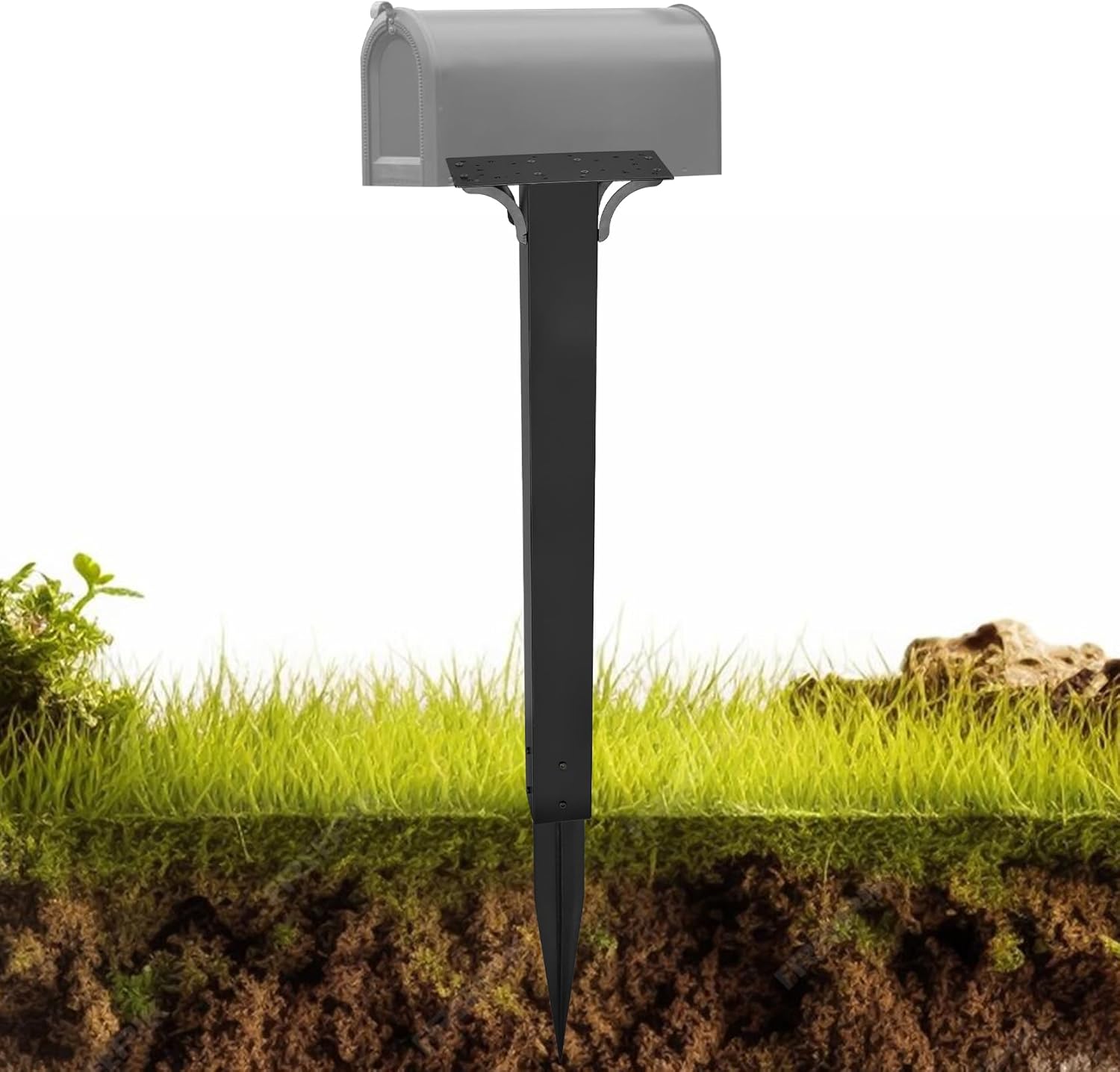 Black Mailbox Post for Outside, 43x4x4 inch, Heavy Duty In-Ground Post with Plate Bracket and Ground Anchors, Ideal for Outside Curbside Residential Use